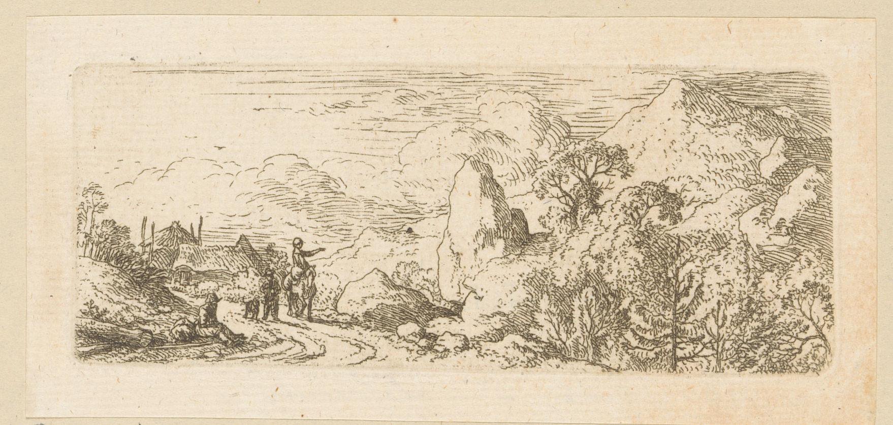 Landschap met rotsblok naast pad en berg in de verte