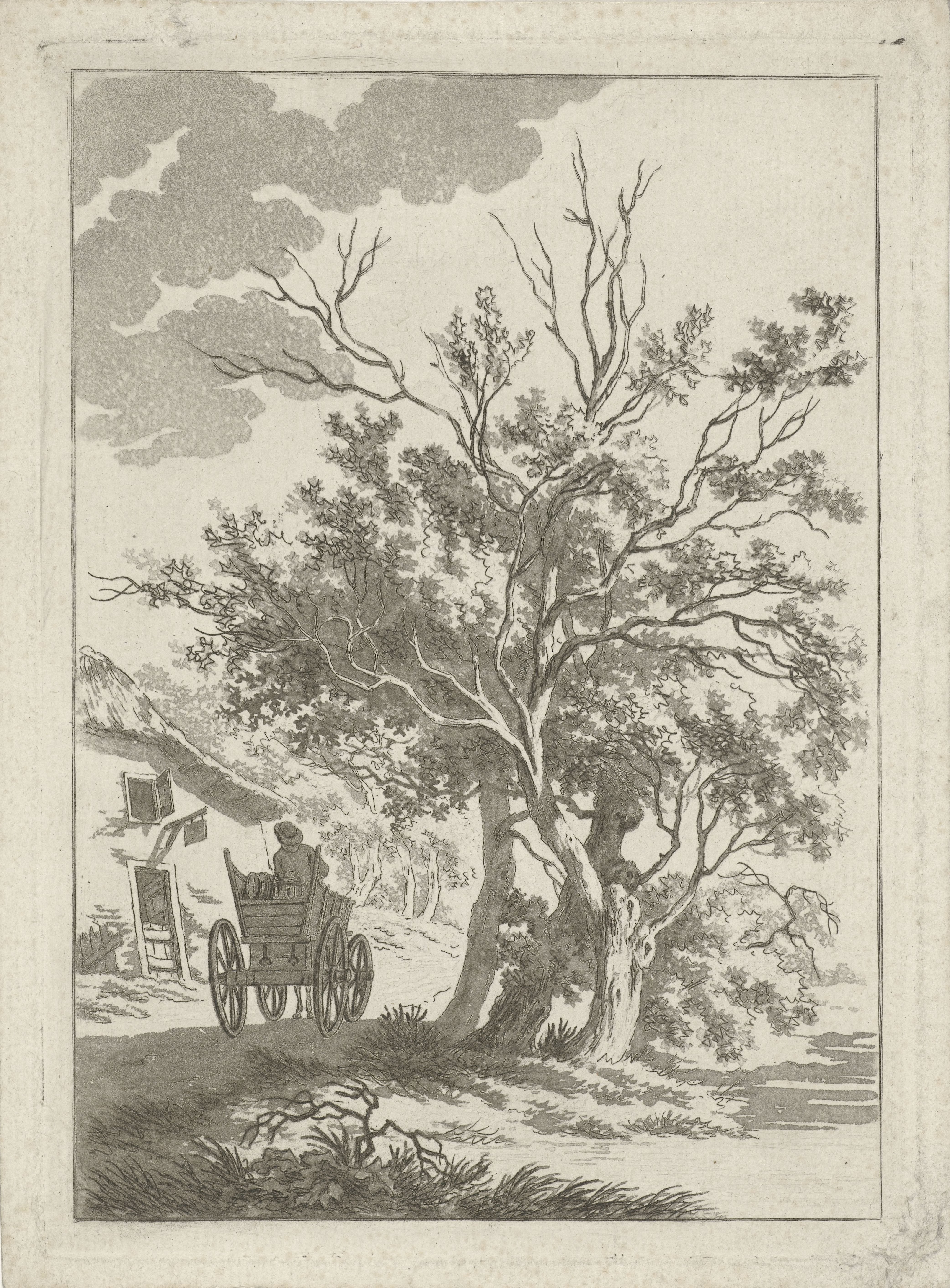 Landschap met boerenwagen bij herberg