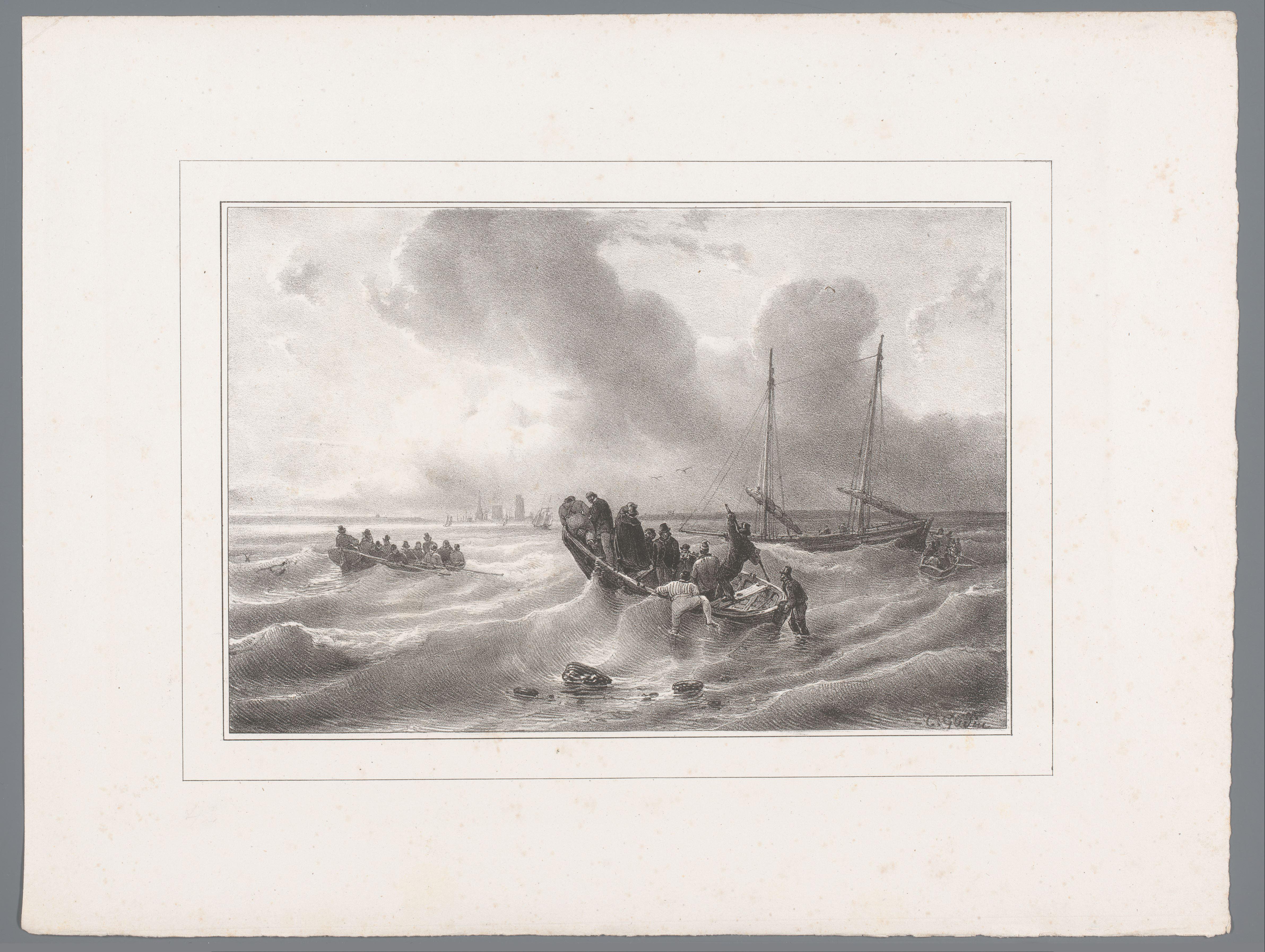 Zeegezicht met schip en sloepen