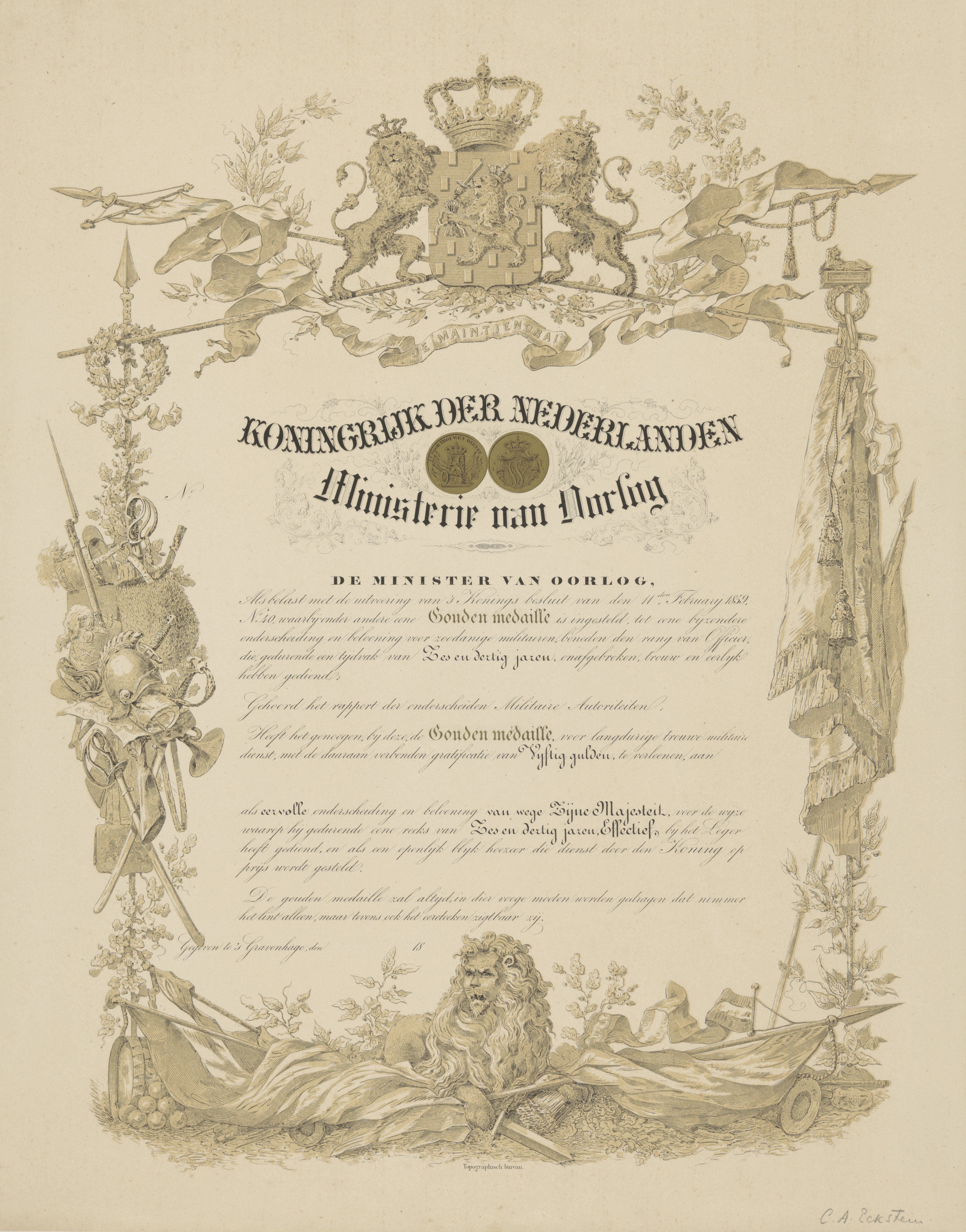 Officiële aankondiging voor de eervolle onderscheiding met de gouden medaille volgens 's Konings Besluit van 1859