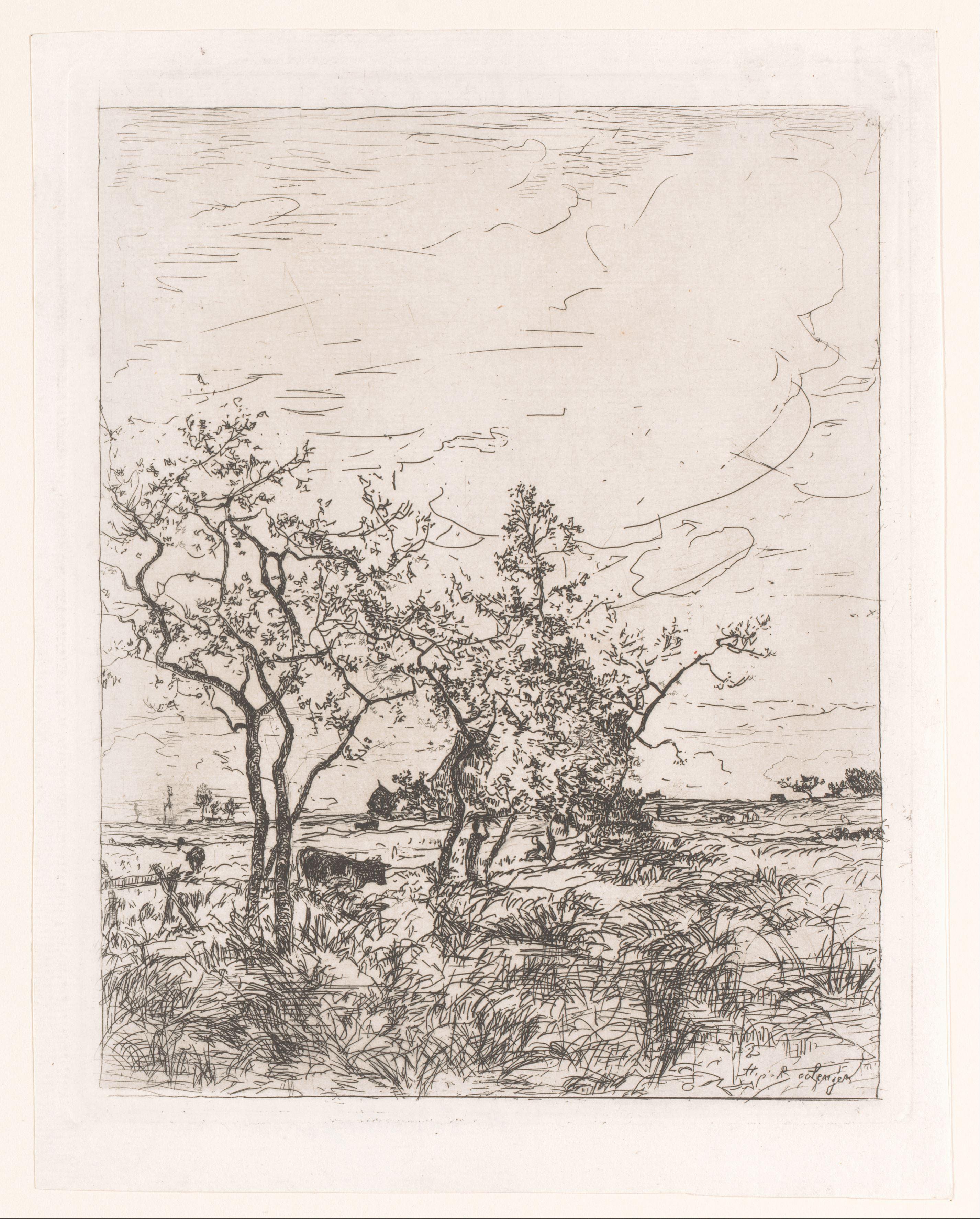 Landschap met koeien en een boerderij