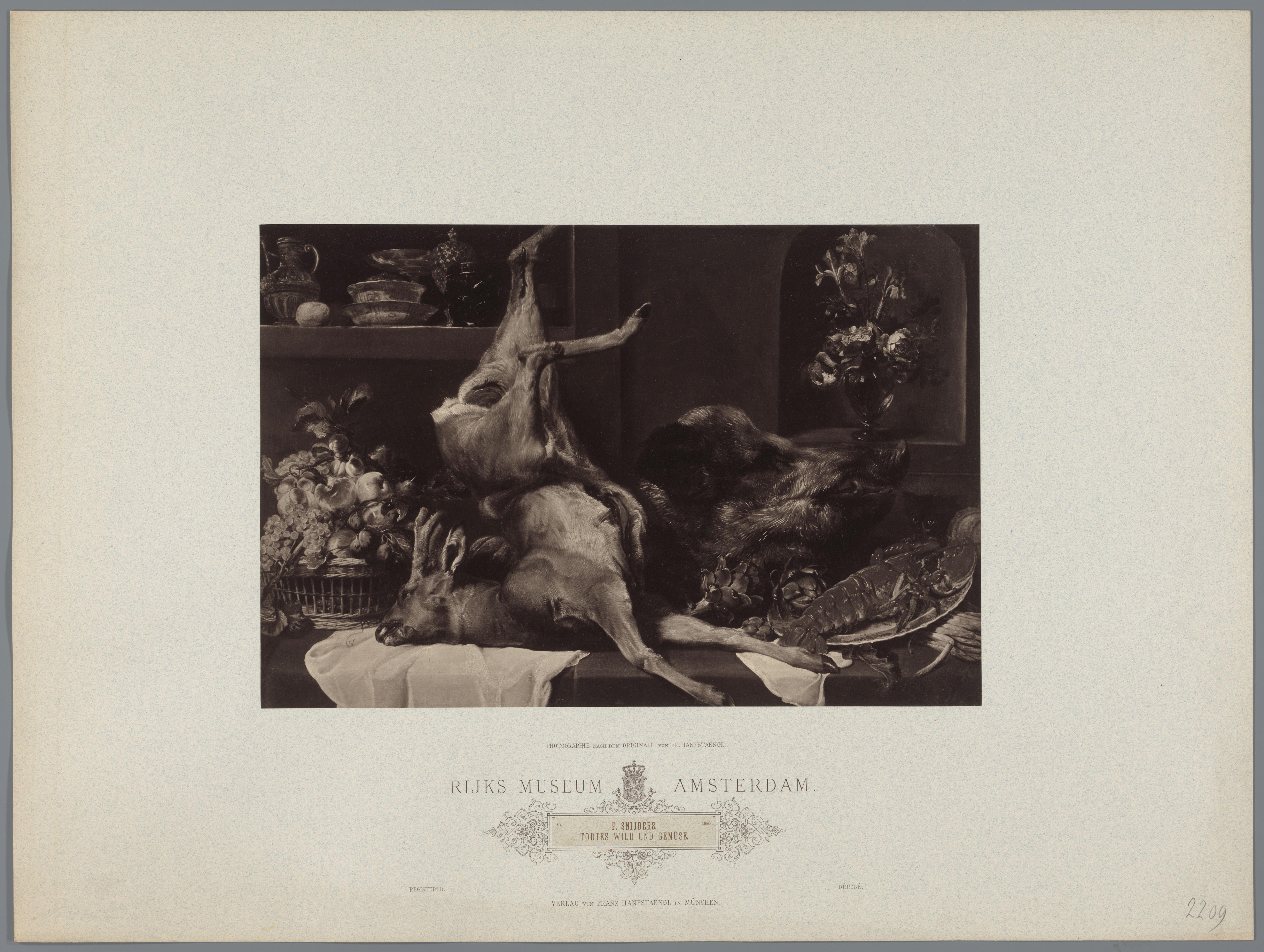 Fotoreproductie van schilderij Stilleven met groot dood wild, vruchten en bloemen door Frans Snijders, coll. Rijksmuseum