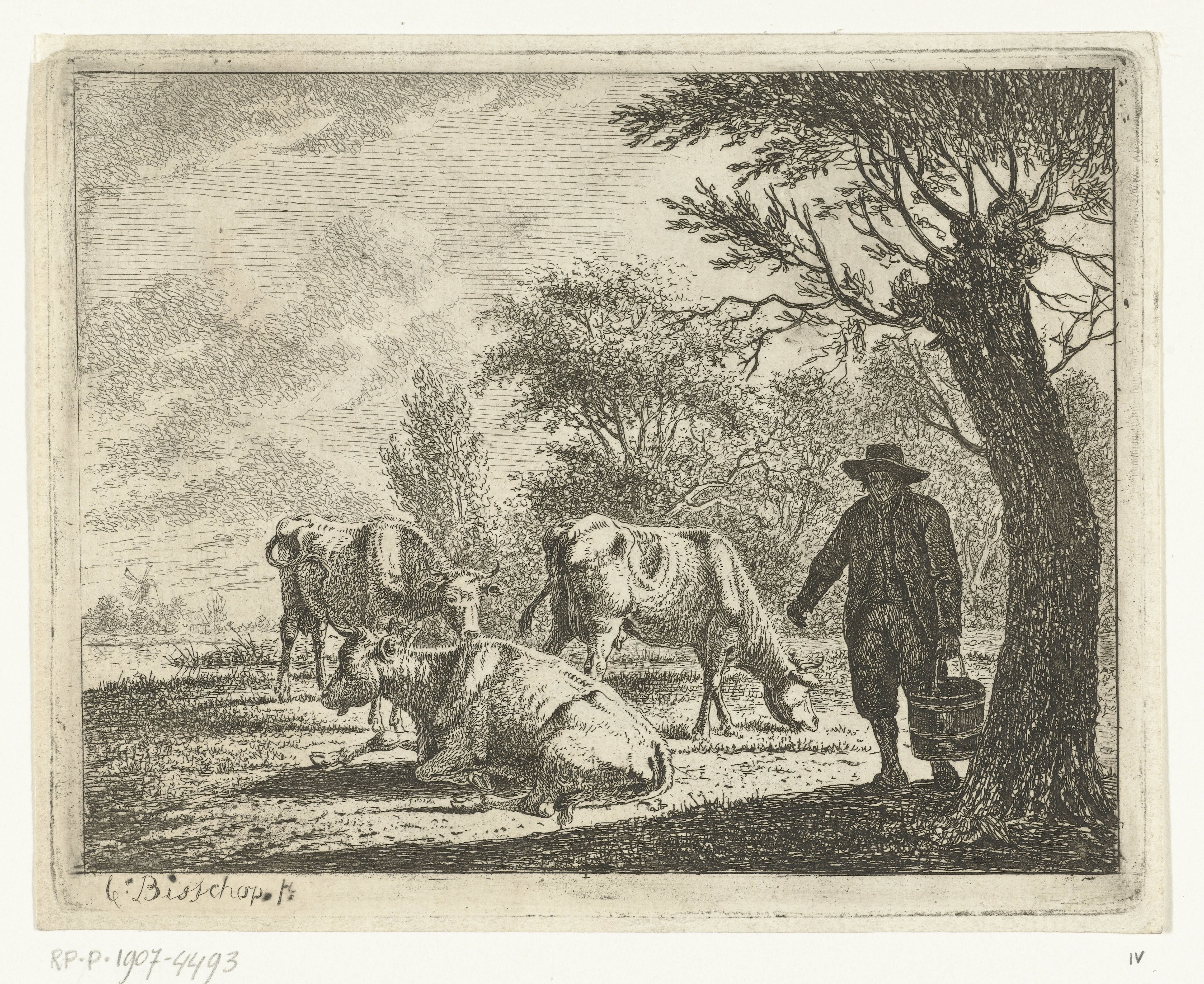 Weidelandschap met man met emmer bij drie koeien