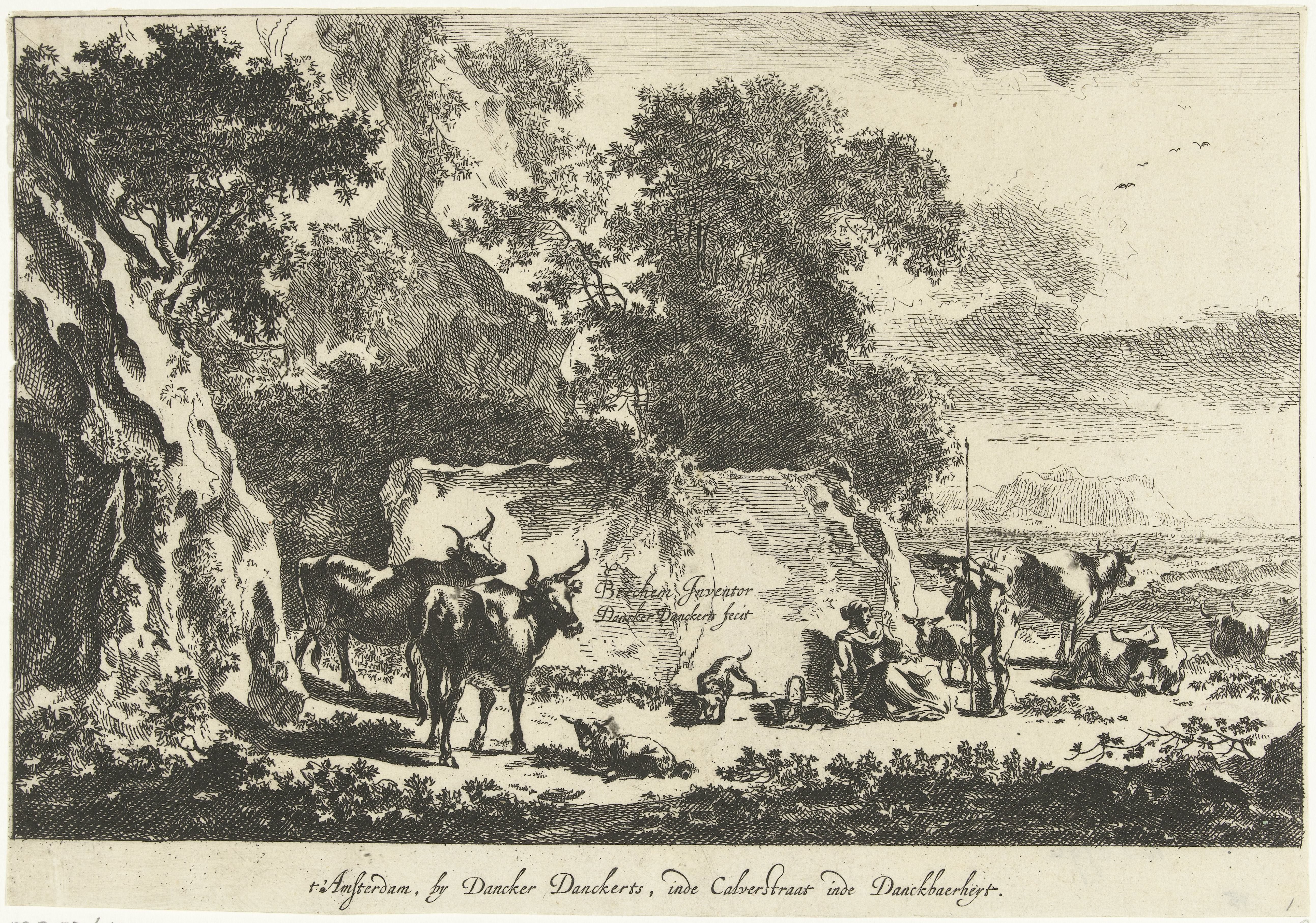 Italiaans landschap met herders en vee rustend bij rots