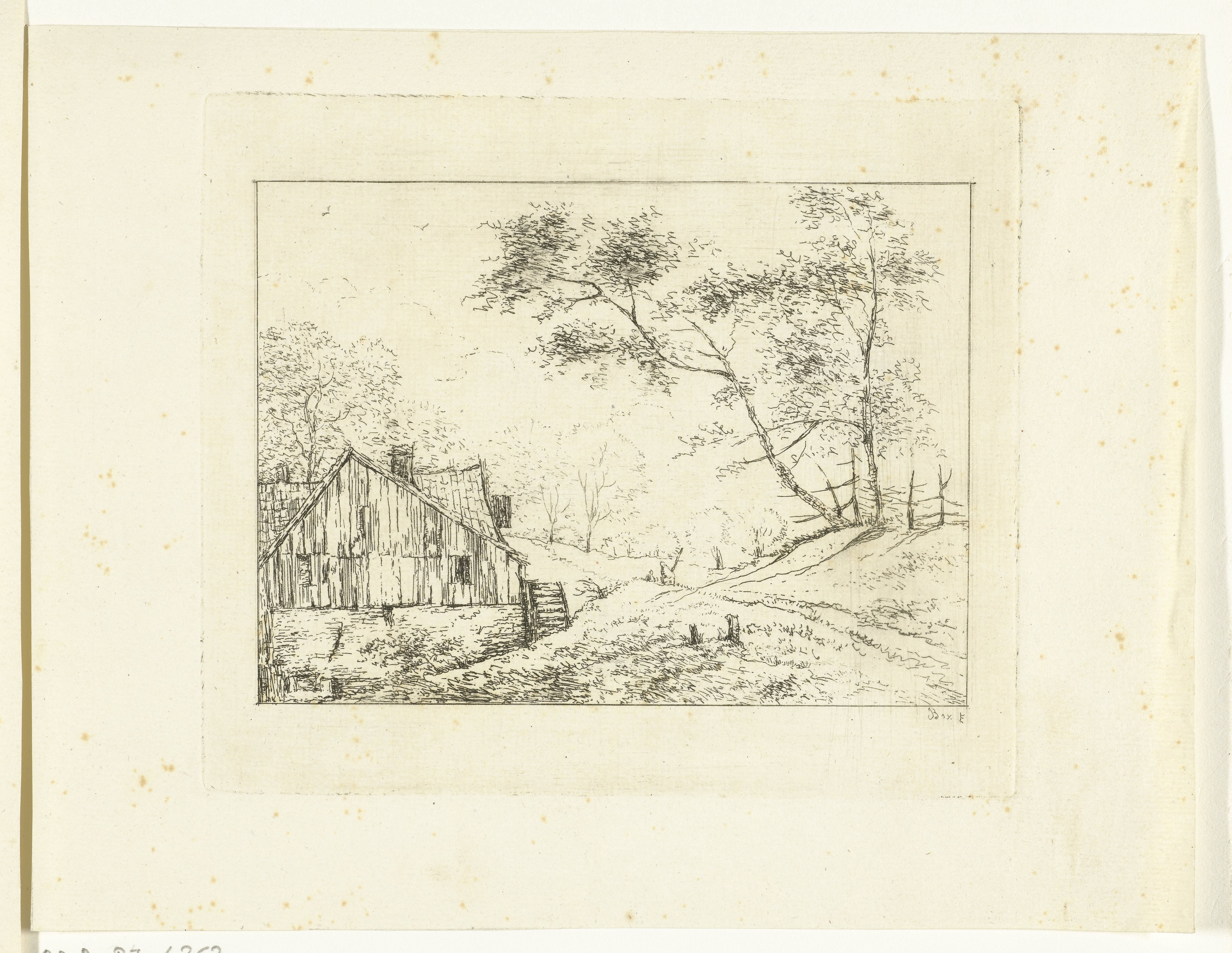 Watermolen, rechts twee berken