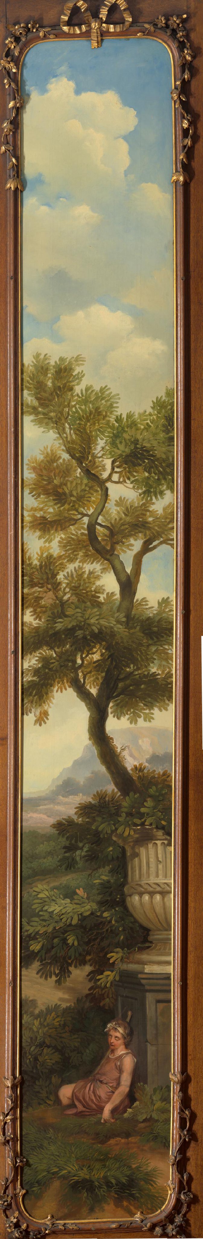 Arcadisch landschap met een slapende jongen onder een boom