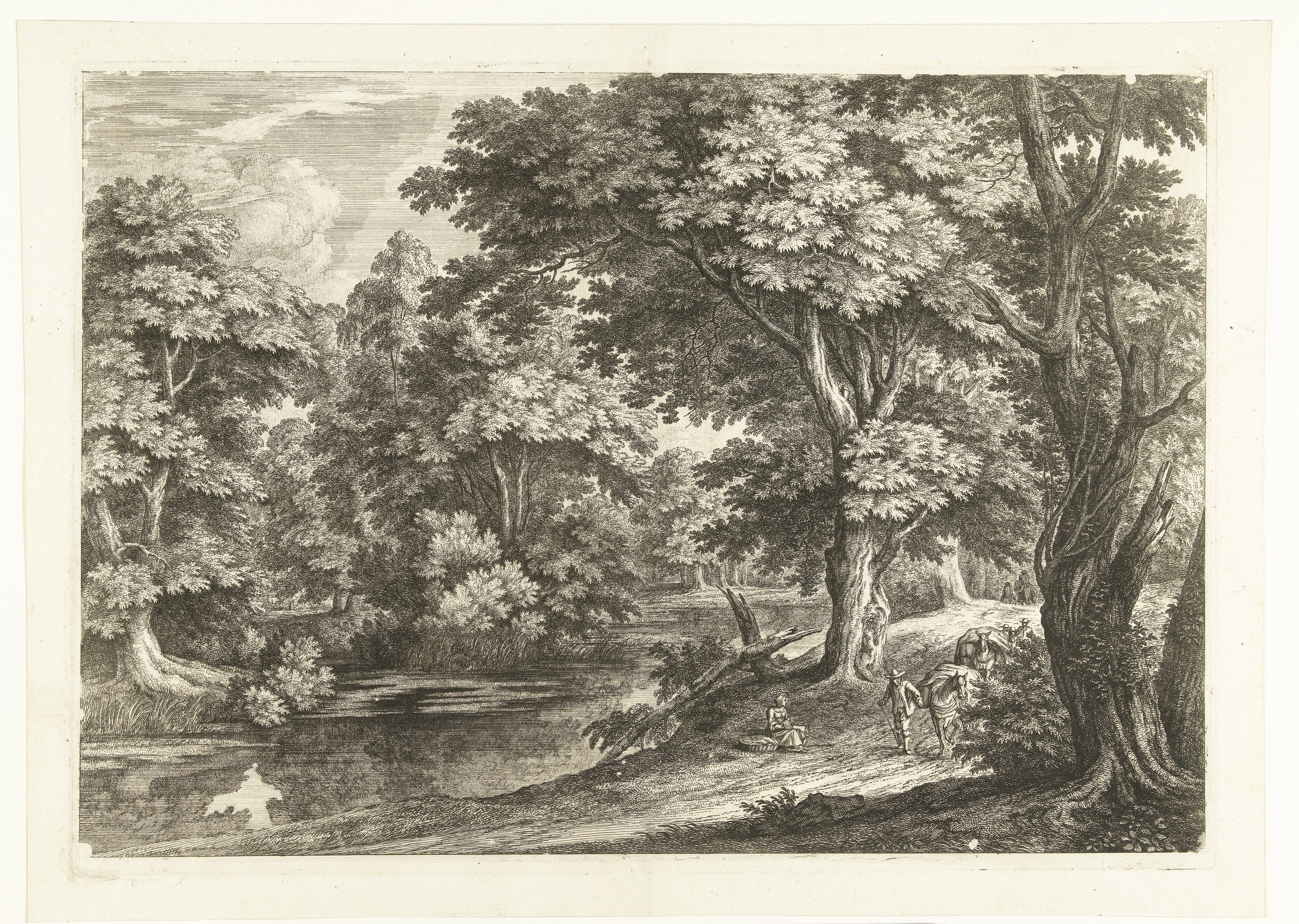 Landschap met een vrouw zittend aan een rivier langs de weg
