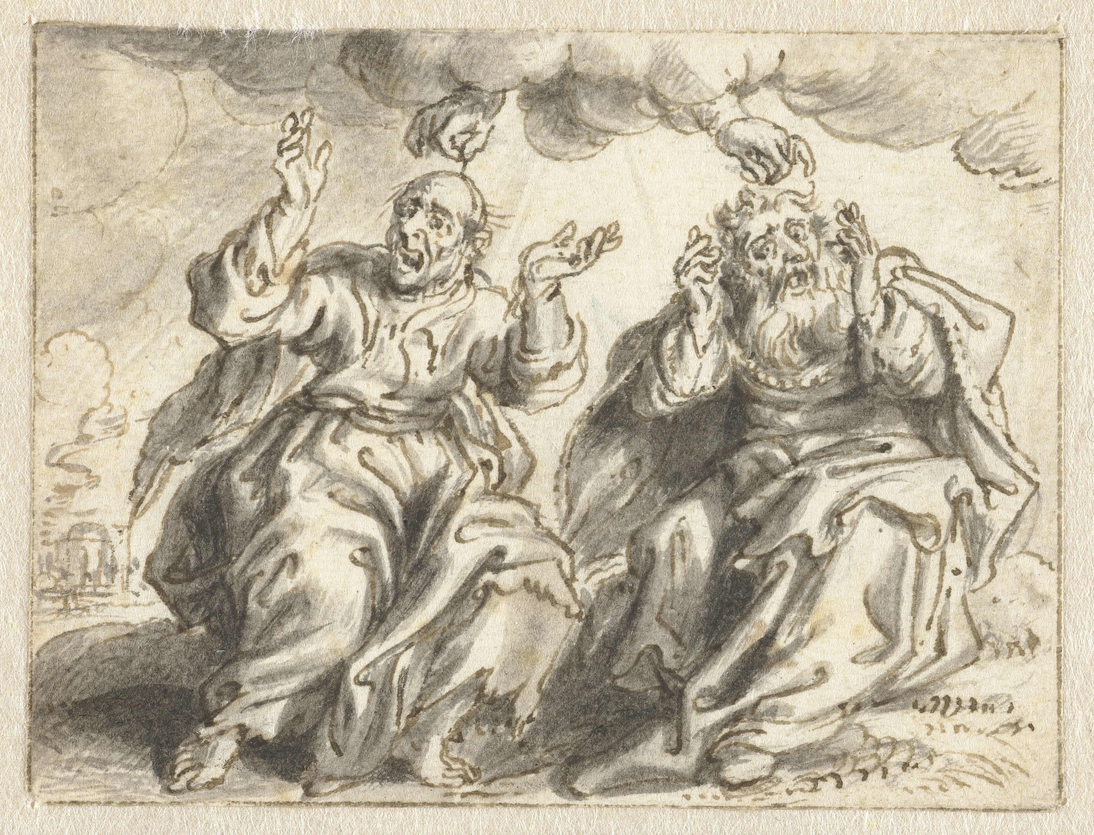Hands Emerging from a Cloud, Plucking Hairs from the Heads of Two Elderly Men, One almost Bald, the Other with a Luxuriant Thatch of Hair