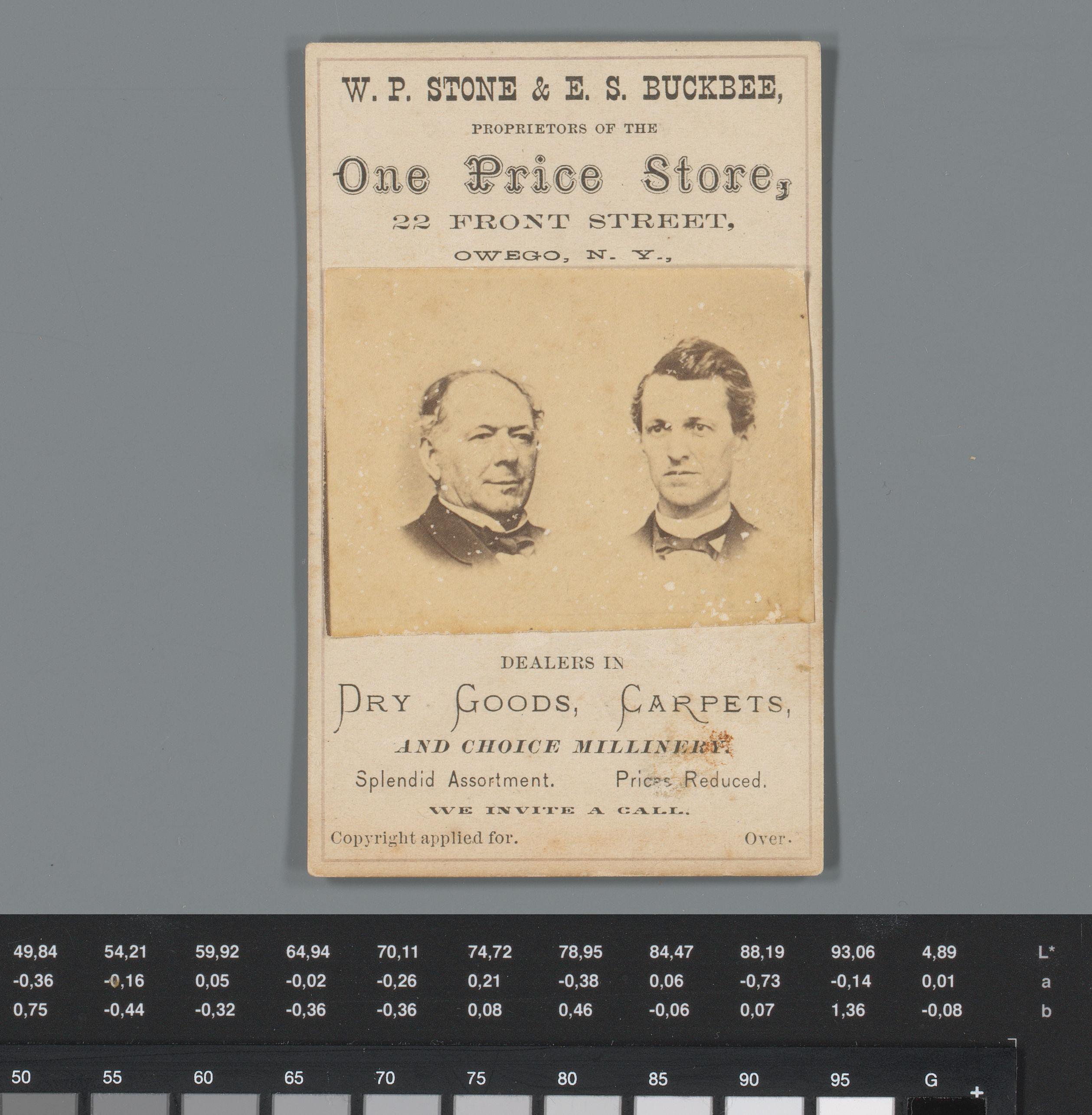 Reclame voor textielwaren van W.P. Stone en E.S. Buckbee te Owego met portret twee onbekende mannen