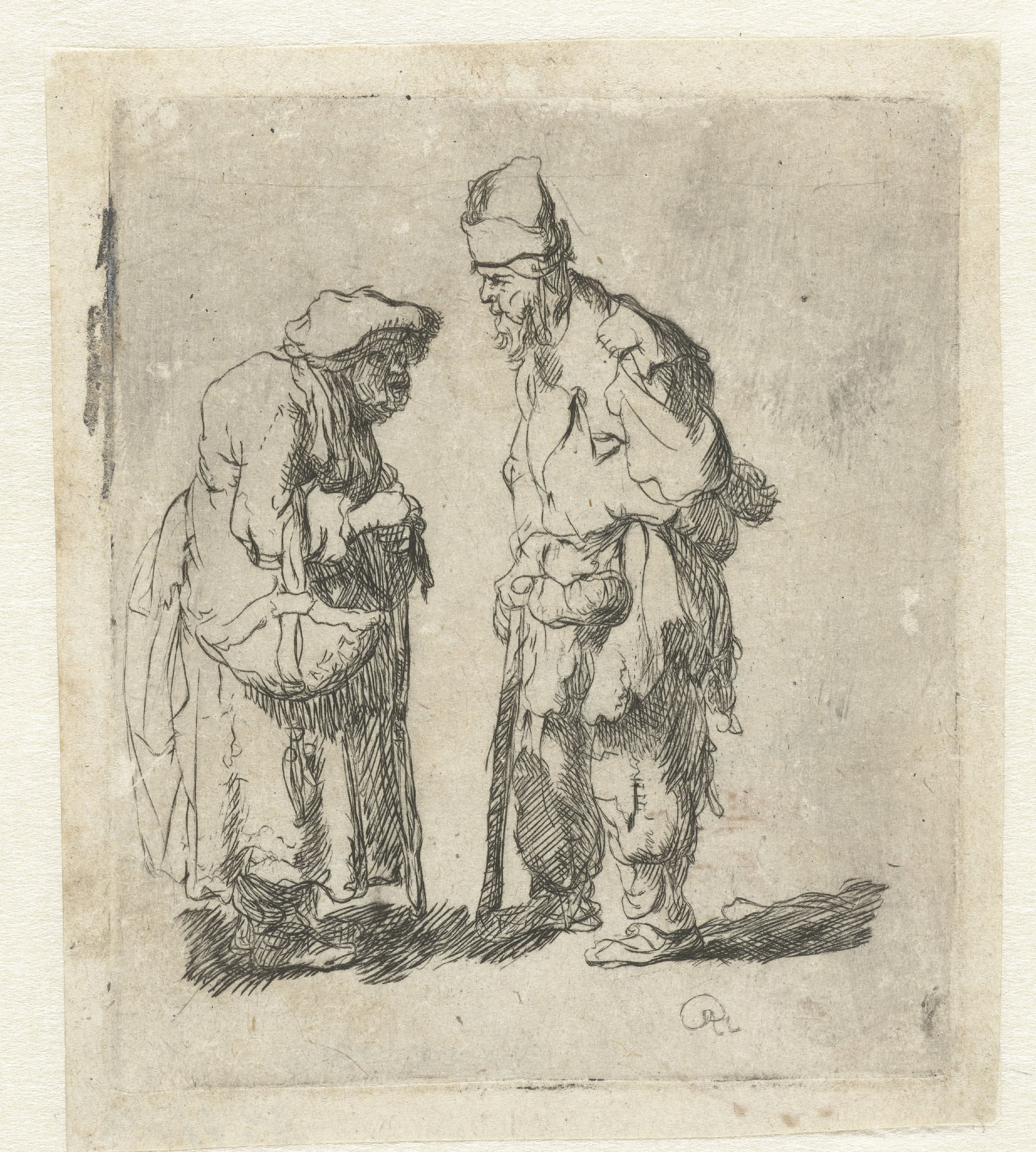 Beggar man and beggar woman conversing
