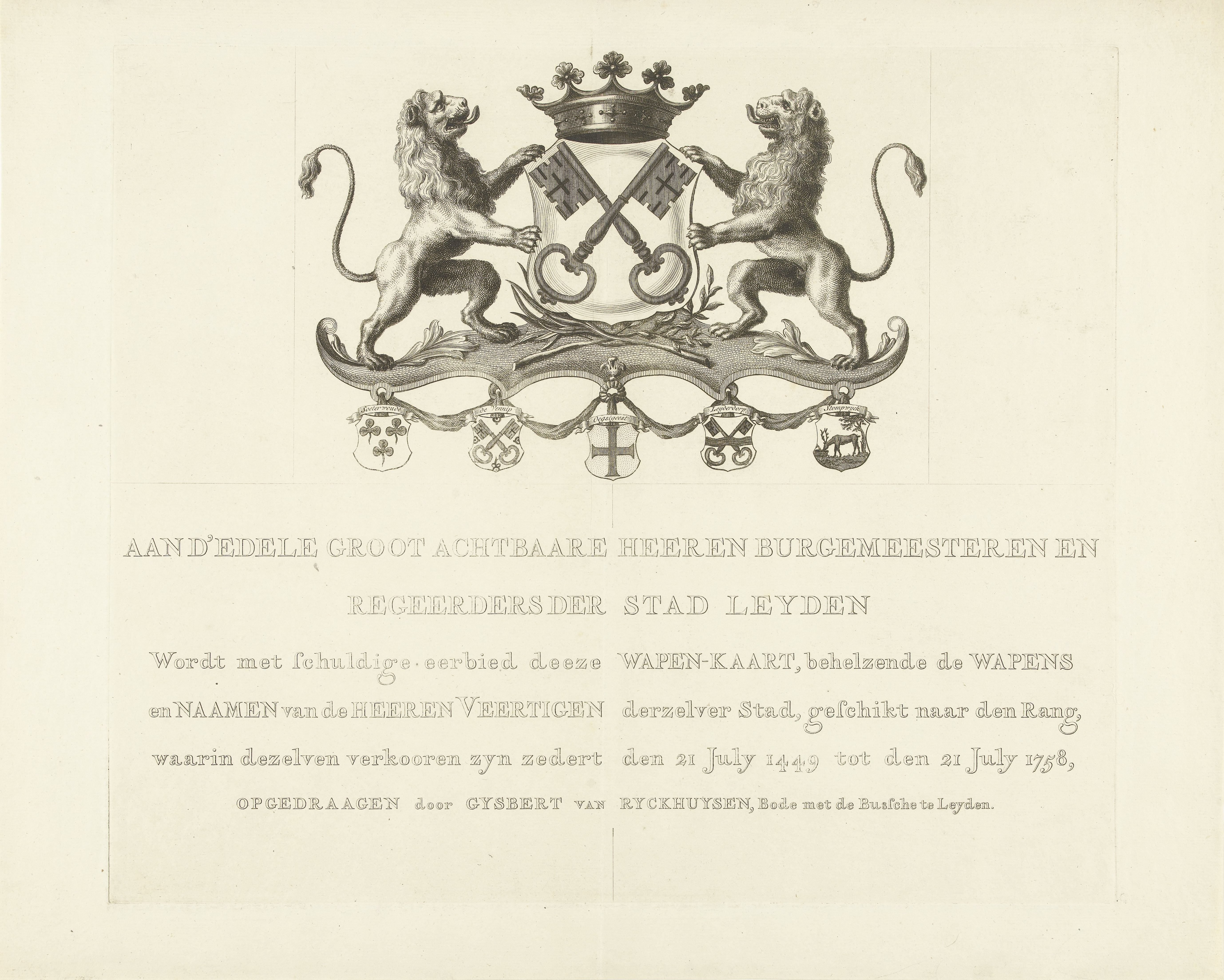 Opdracht met wapen van Leiden voor wapenkaart van de heren veertigen van de stad Leiden