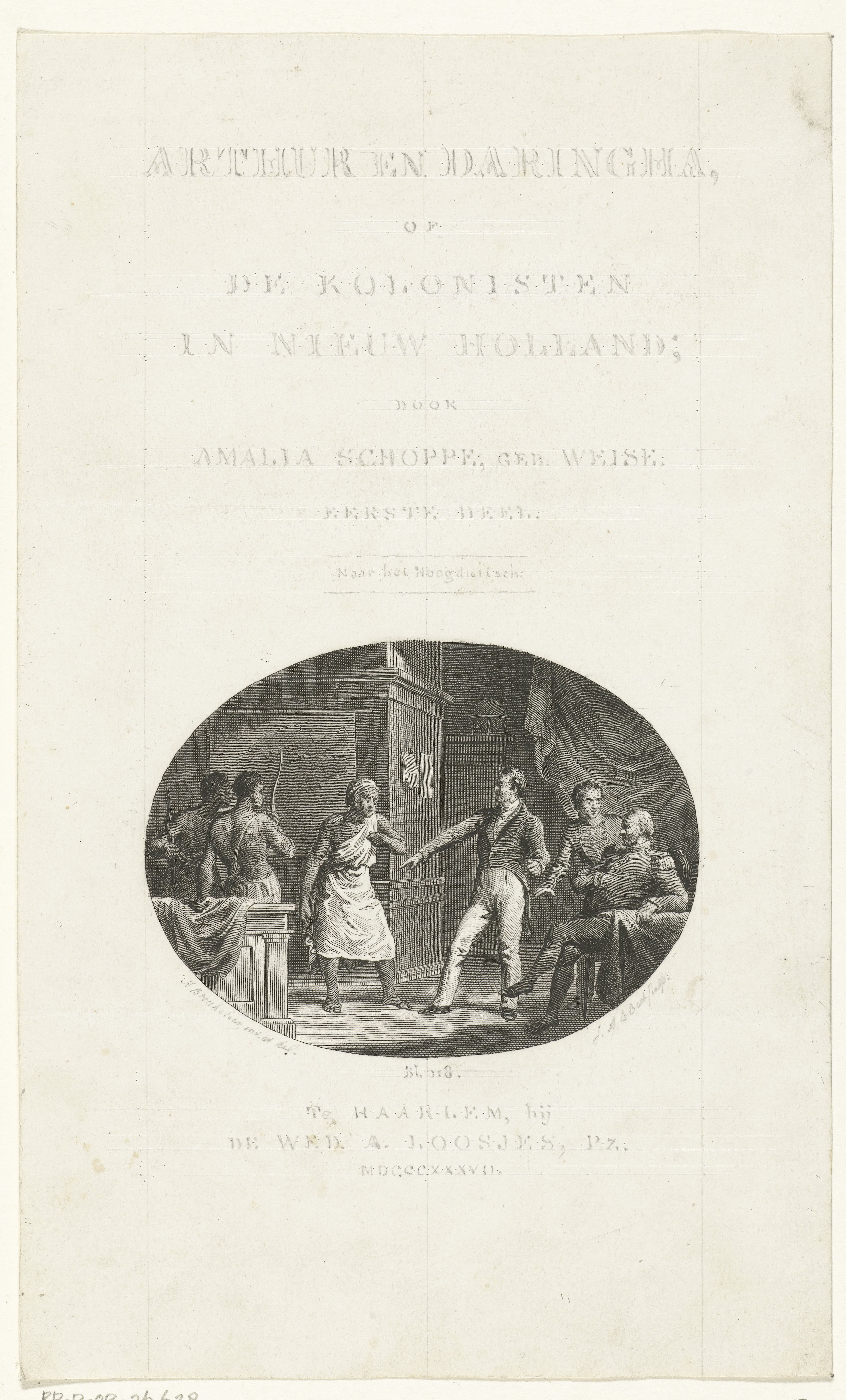 Kolonisten in gesprek met bewoners van West Australië of Nieuw Holland en opmaak van tekst voor titelpagina