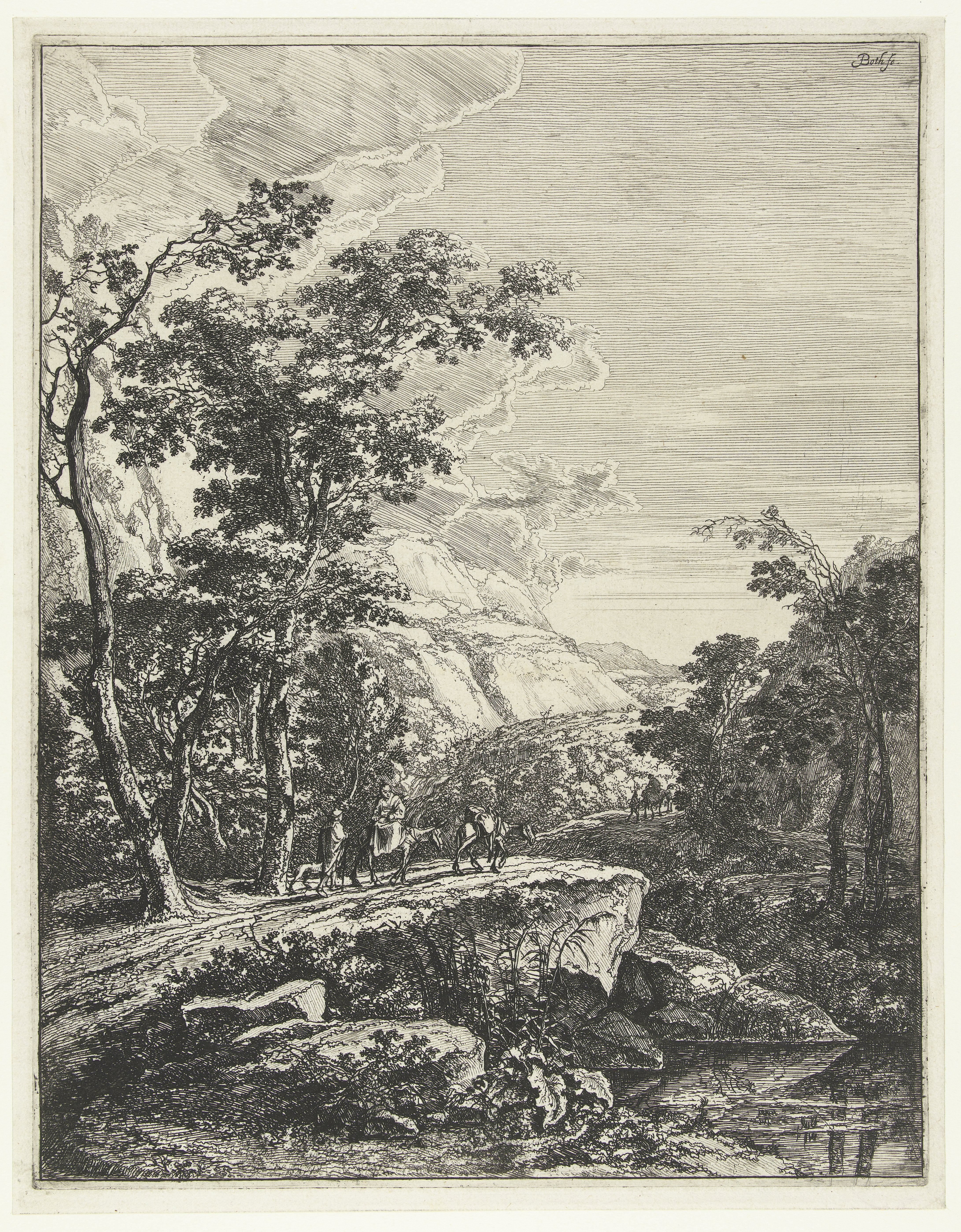 Landschap met vrouw rijdend op een muilezel langs de Aqua Negro tussen Bologna en Florence