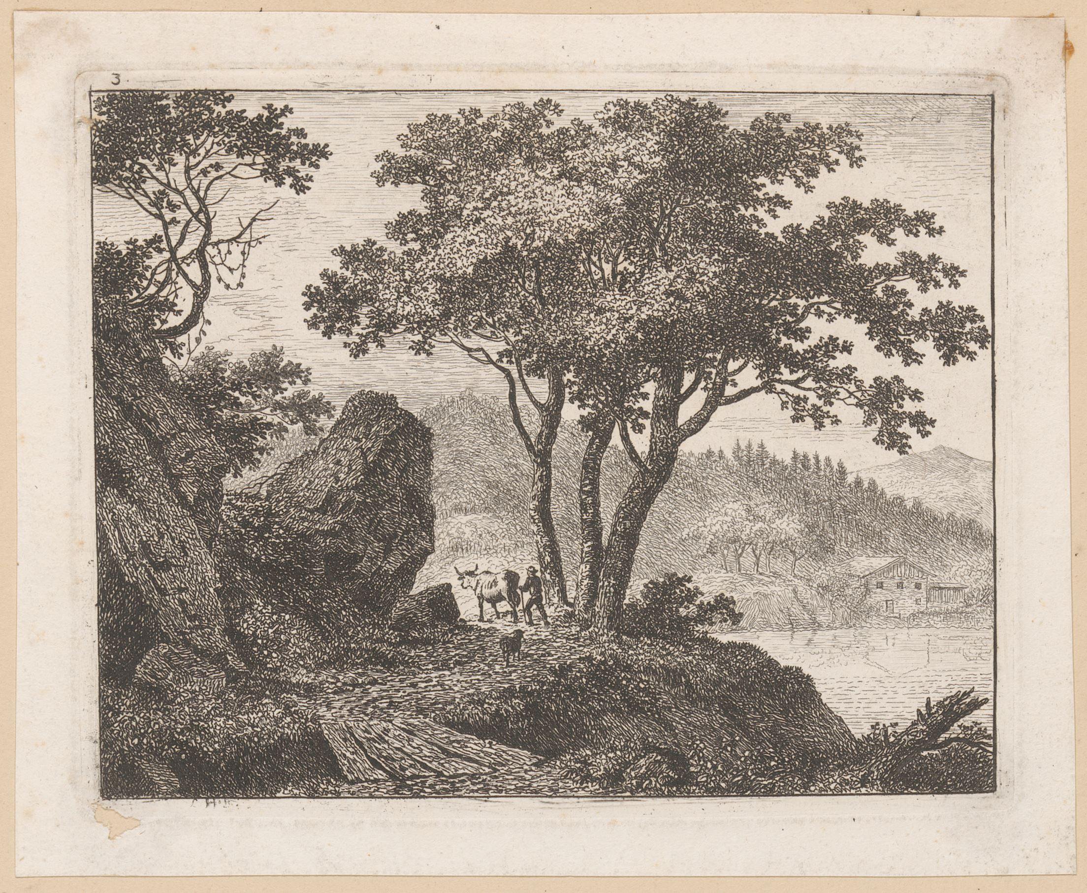 Bergachtig landschap met een reiziger met vee