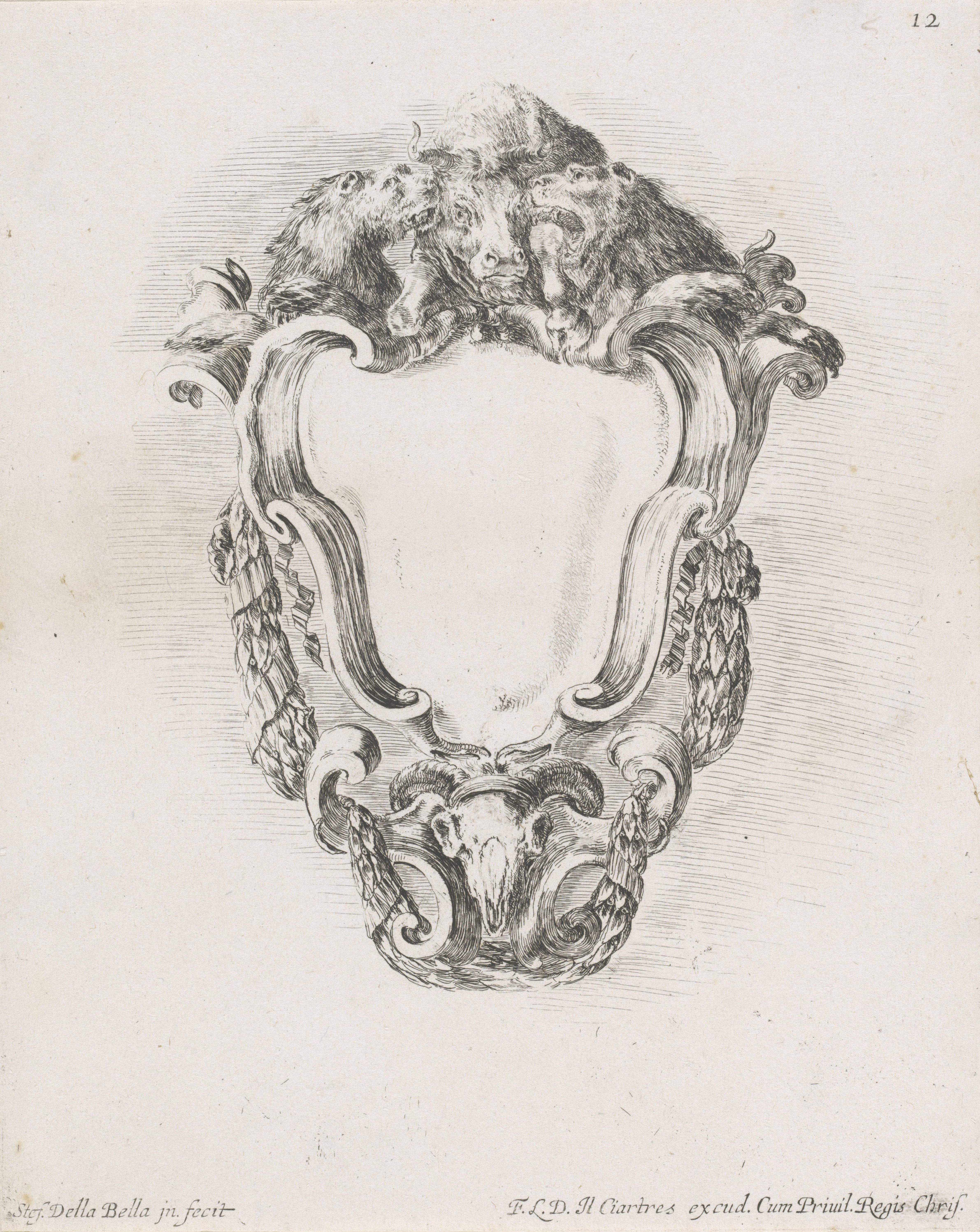 Cartouche met twee leeuwen, een os en een schedel van een ram