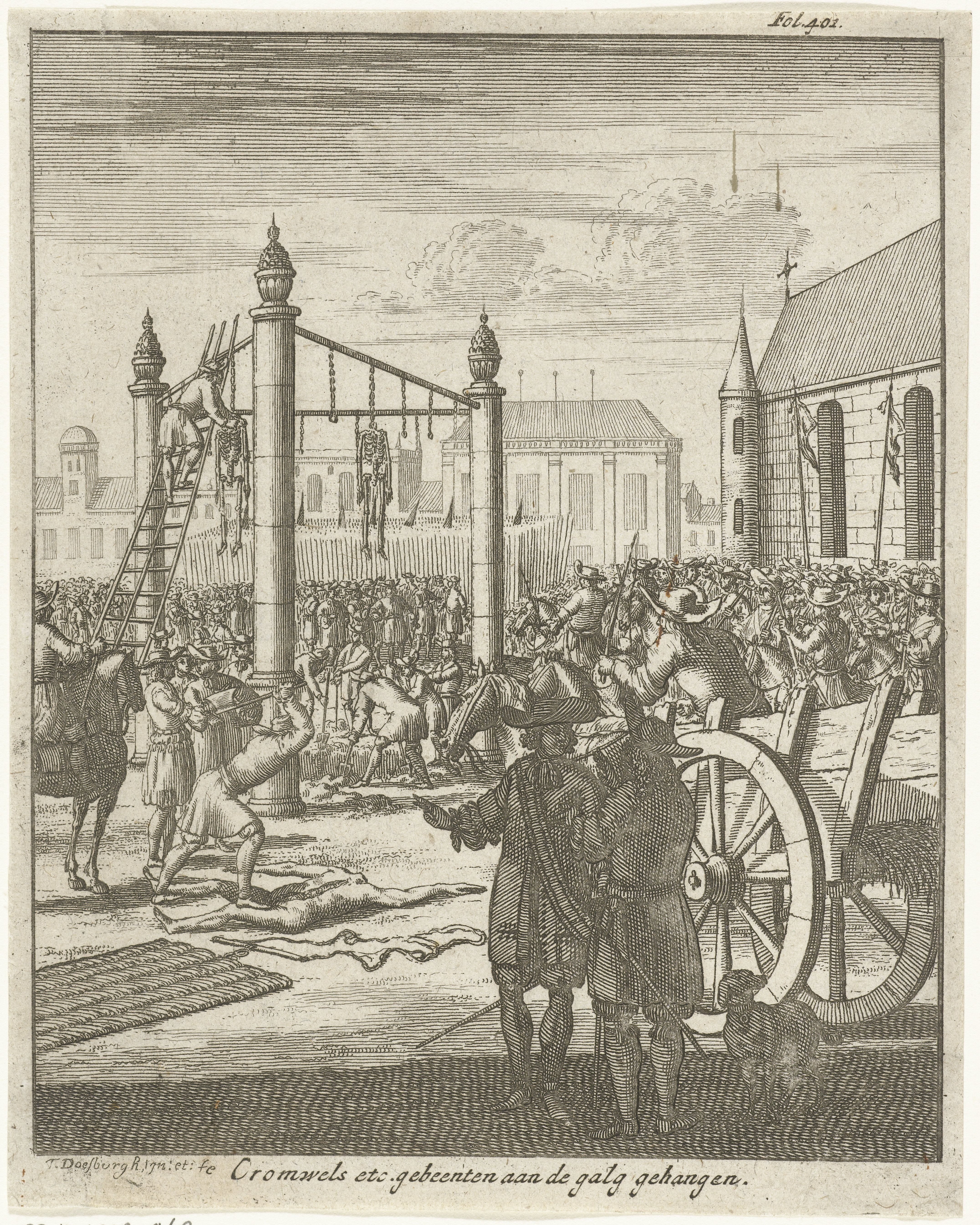 Lijk van Oliver Cromwell postuum geëxecuteerd en aan de galg gehangen op 30 januari 1661