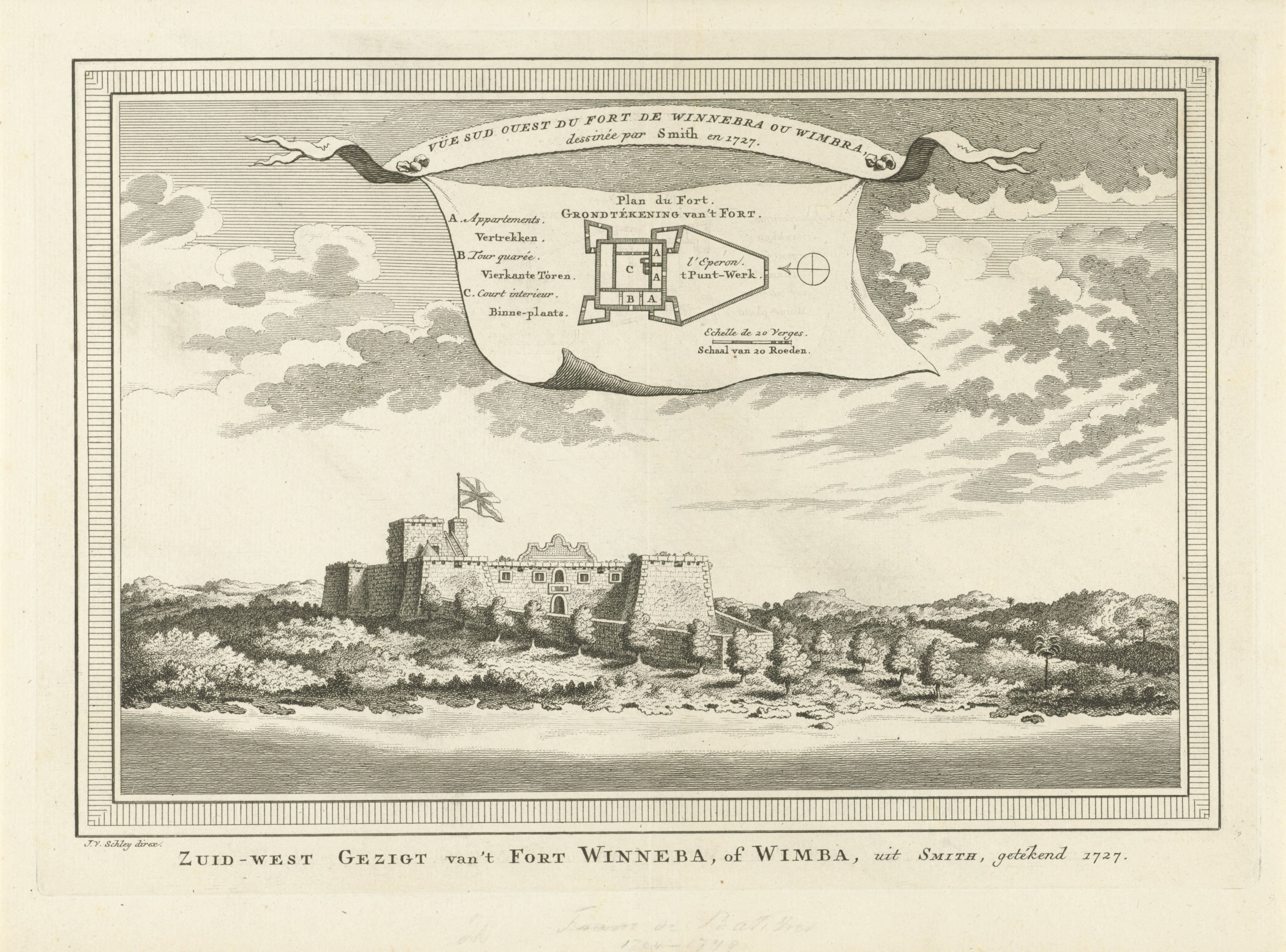 Zuid-West Gezigt van 't Fort Winneba, of Wimba, uit Smith, getekend 1727