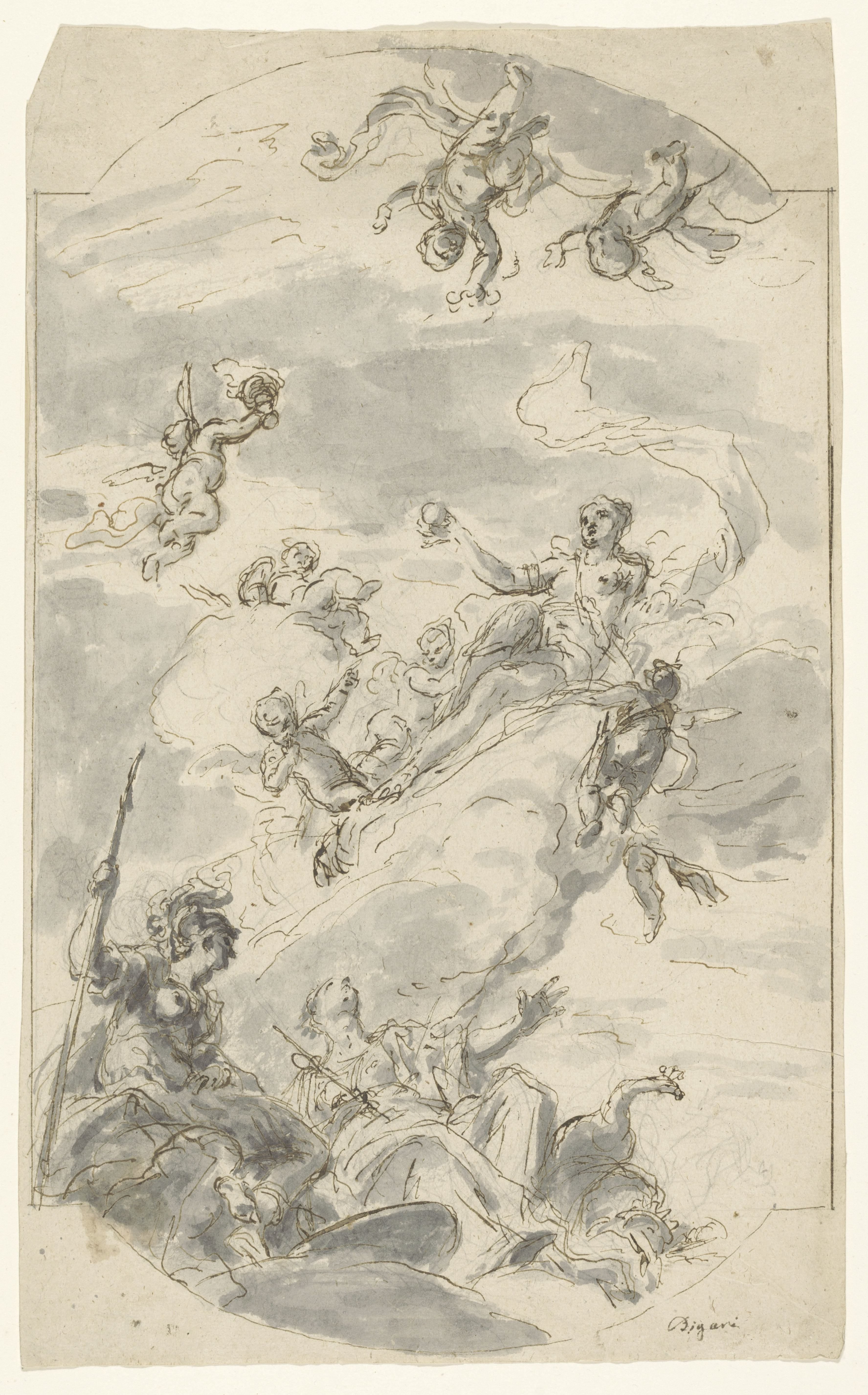 Ontwerp voor een plafondschildering met Venus, Minerva en Juno