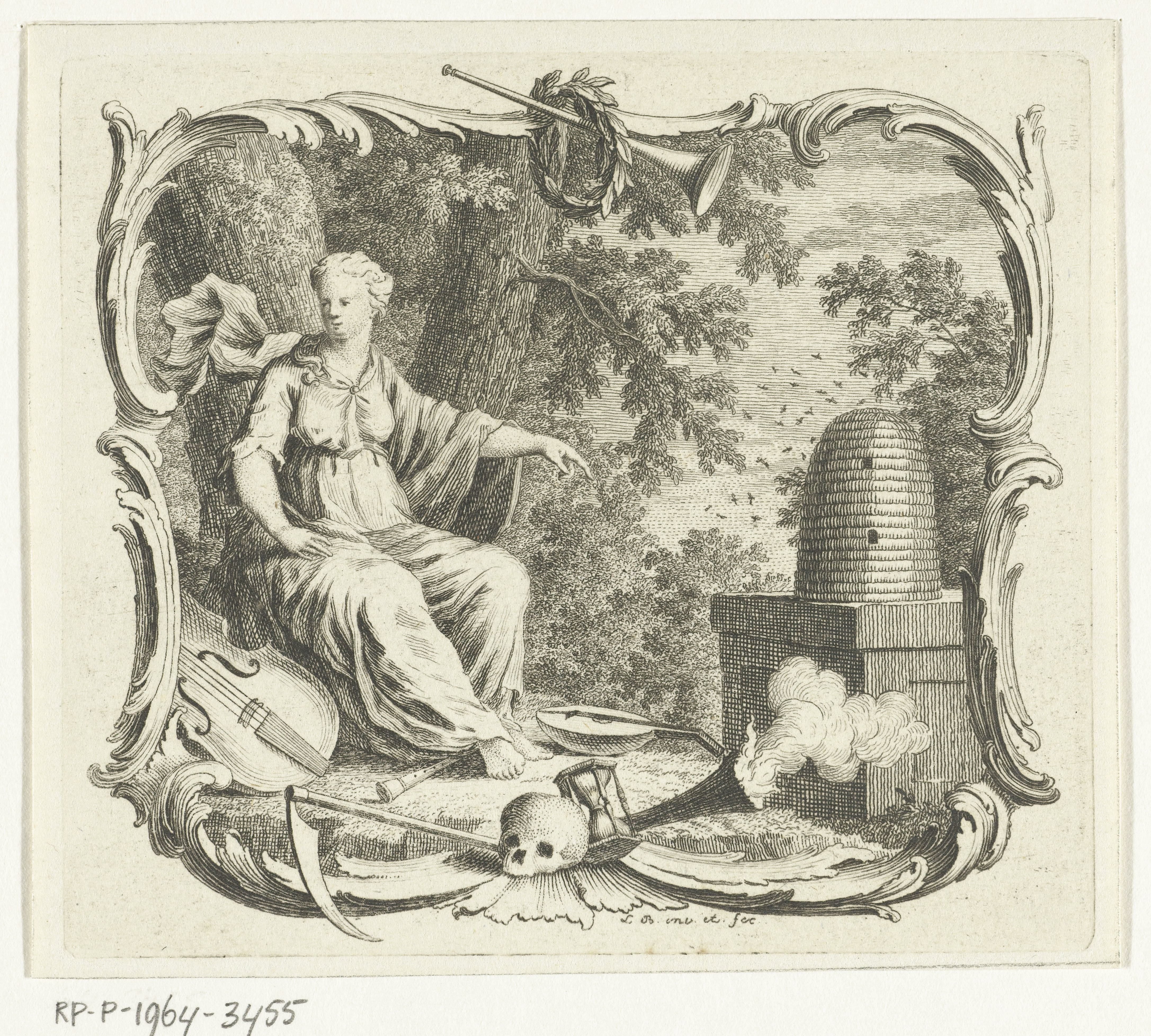 Vignet met allegorie met symbolen van overvloed en vergankelijkheid