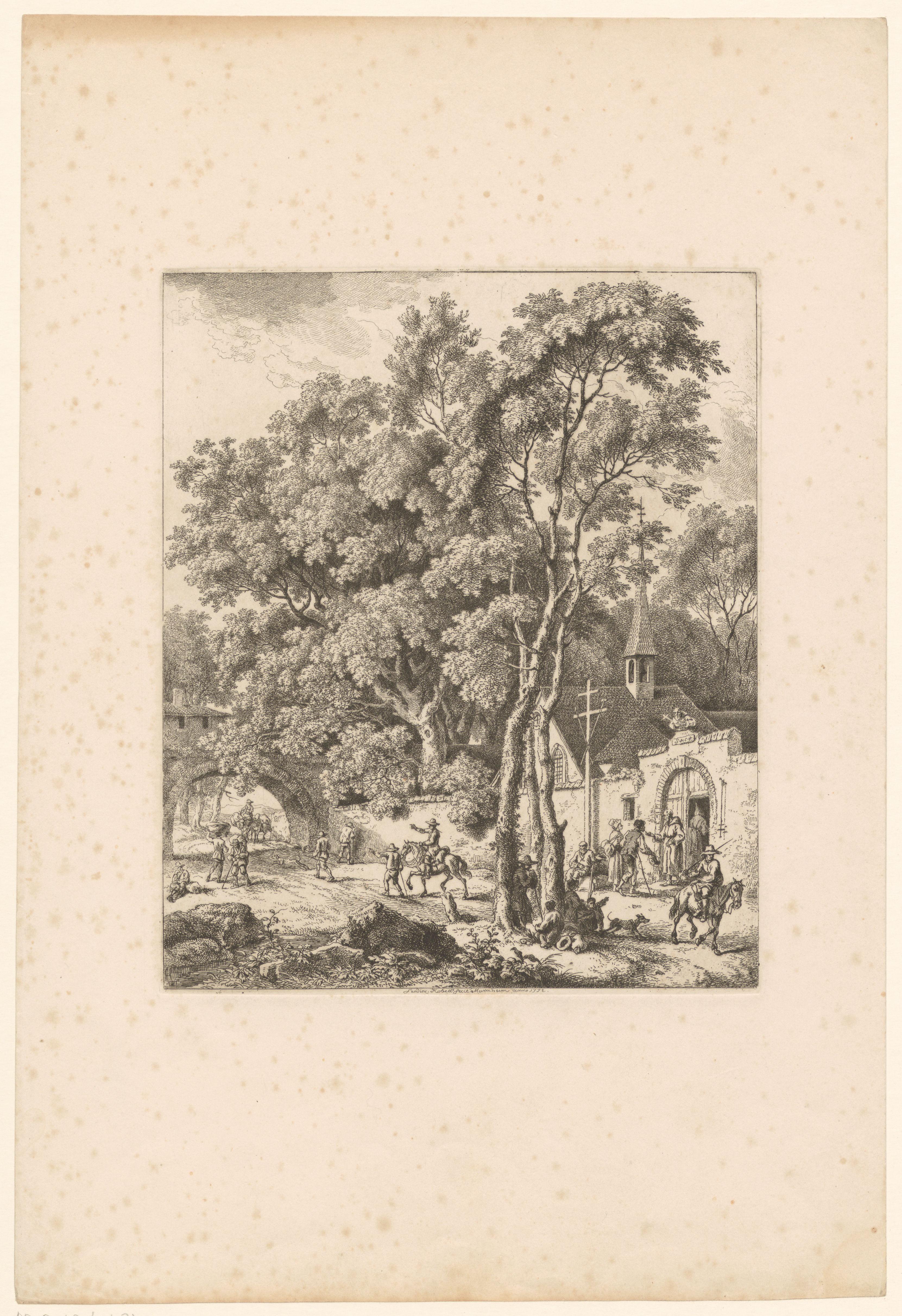 Landschap met de ingang van een klooster
