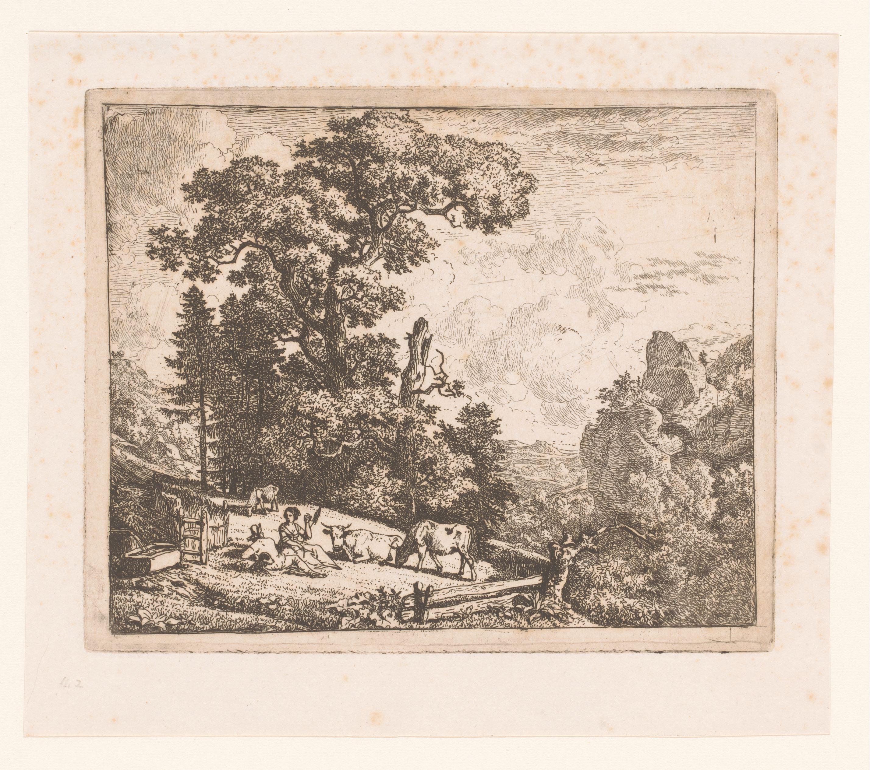 Landschap met man en vrouw in een weide met drie koeien