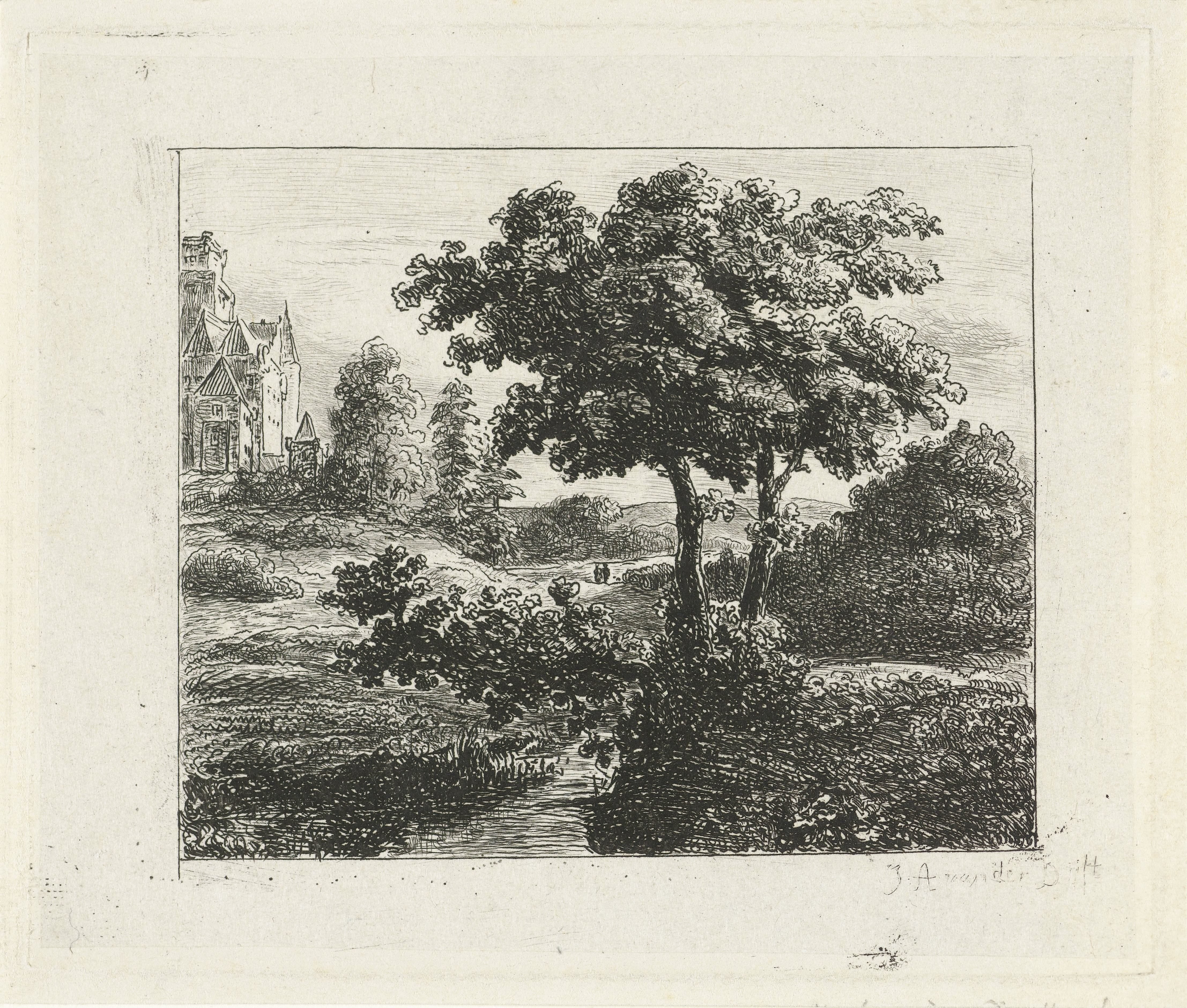Landschap met kerk op een heuvel