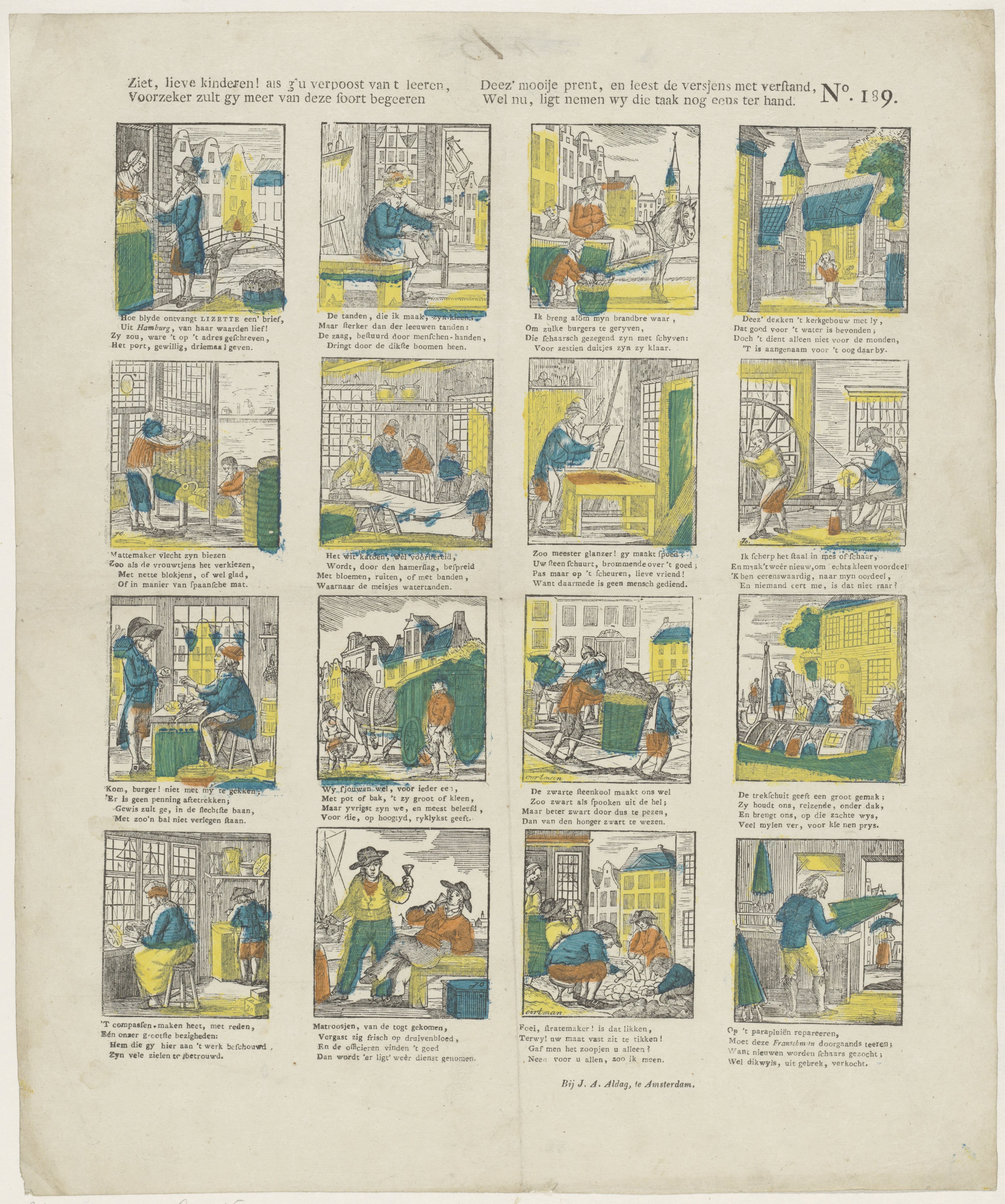 Ziet, lieve kinderen! als g'u verpoost van 't leeren, / Voorzeker zult gy meer van deze soort begeeren / Deez' mooije prent, en leest de versjens met verstand, / Wel nu, ligt nemen wy die taak nog eens ter hand