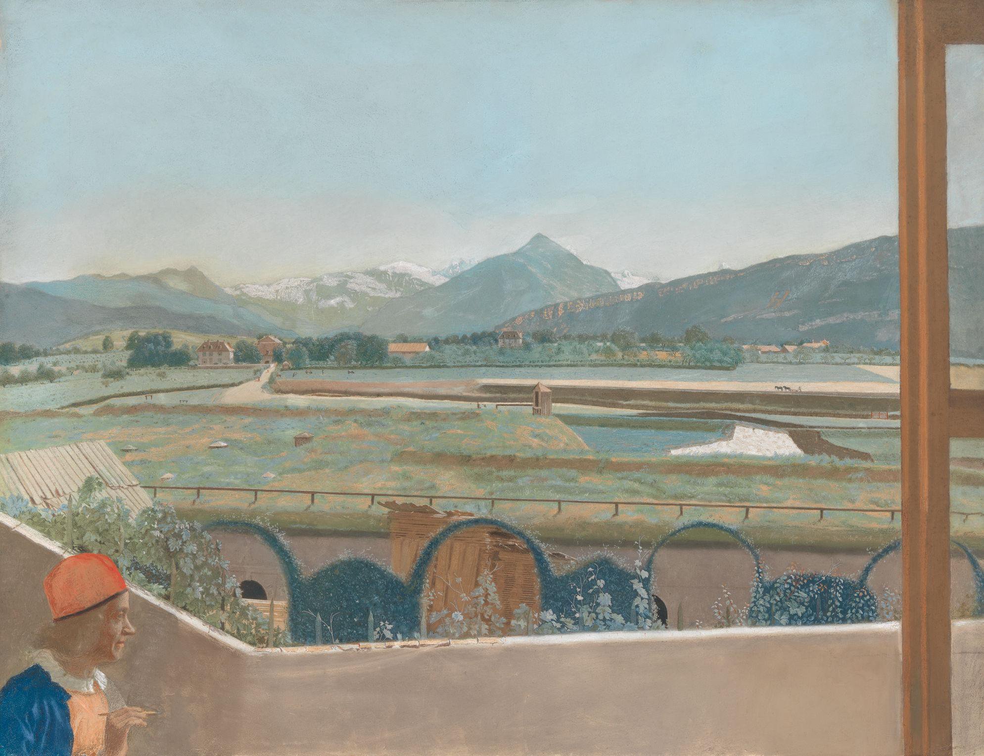 Gezicht op het Mont Blanc-massief vanuit het atelier van de kunstenaar te Genève, met zelfportret