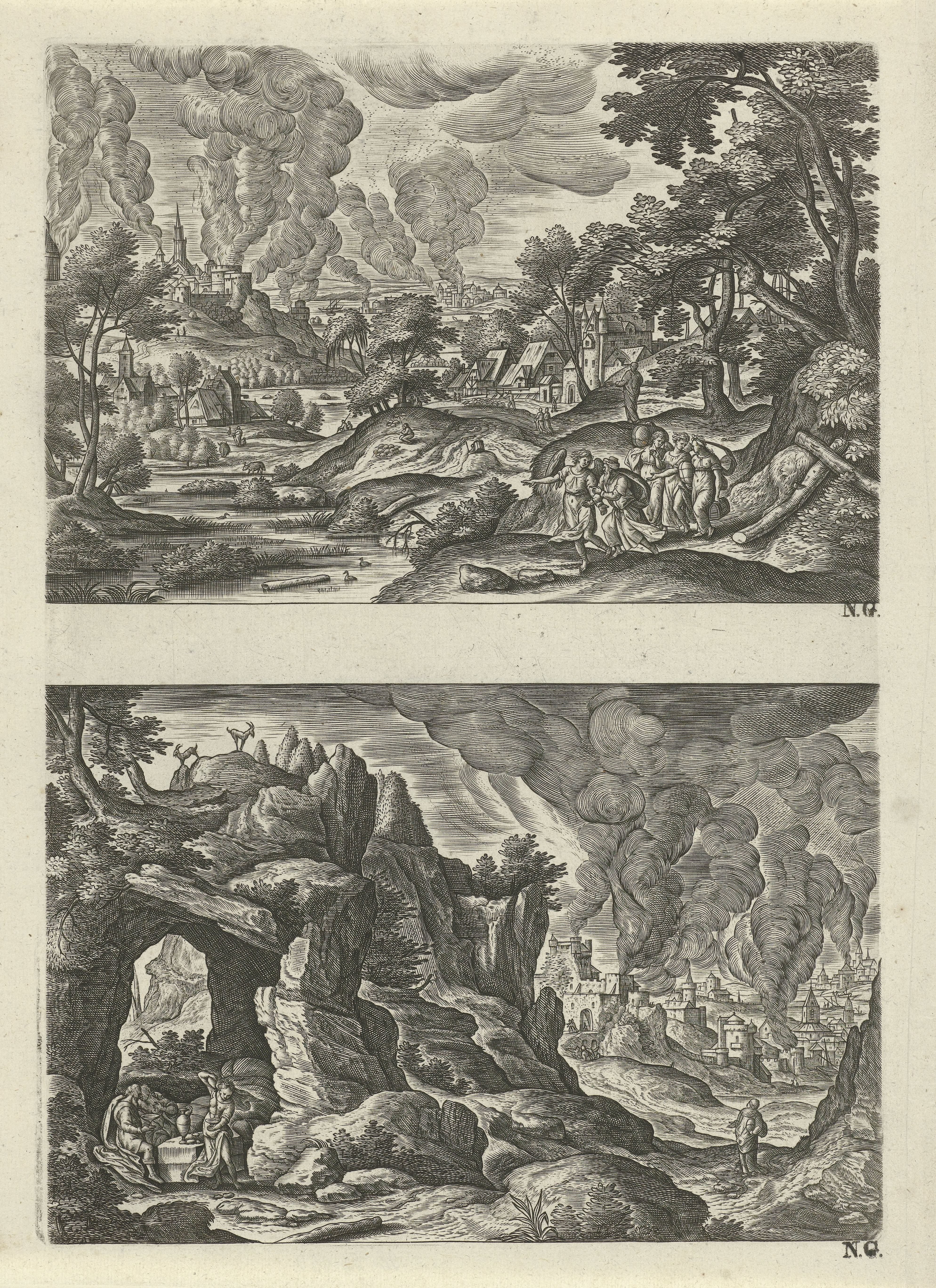 Twee landschappen met de vlucht van Lot uit Sodom