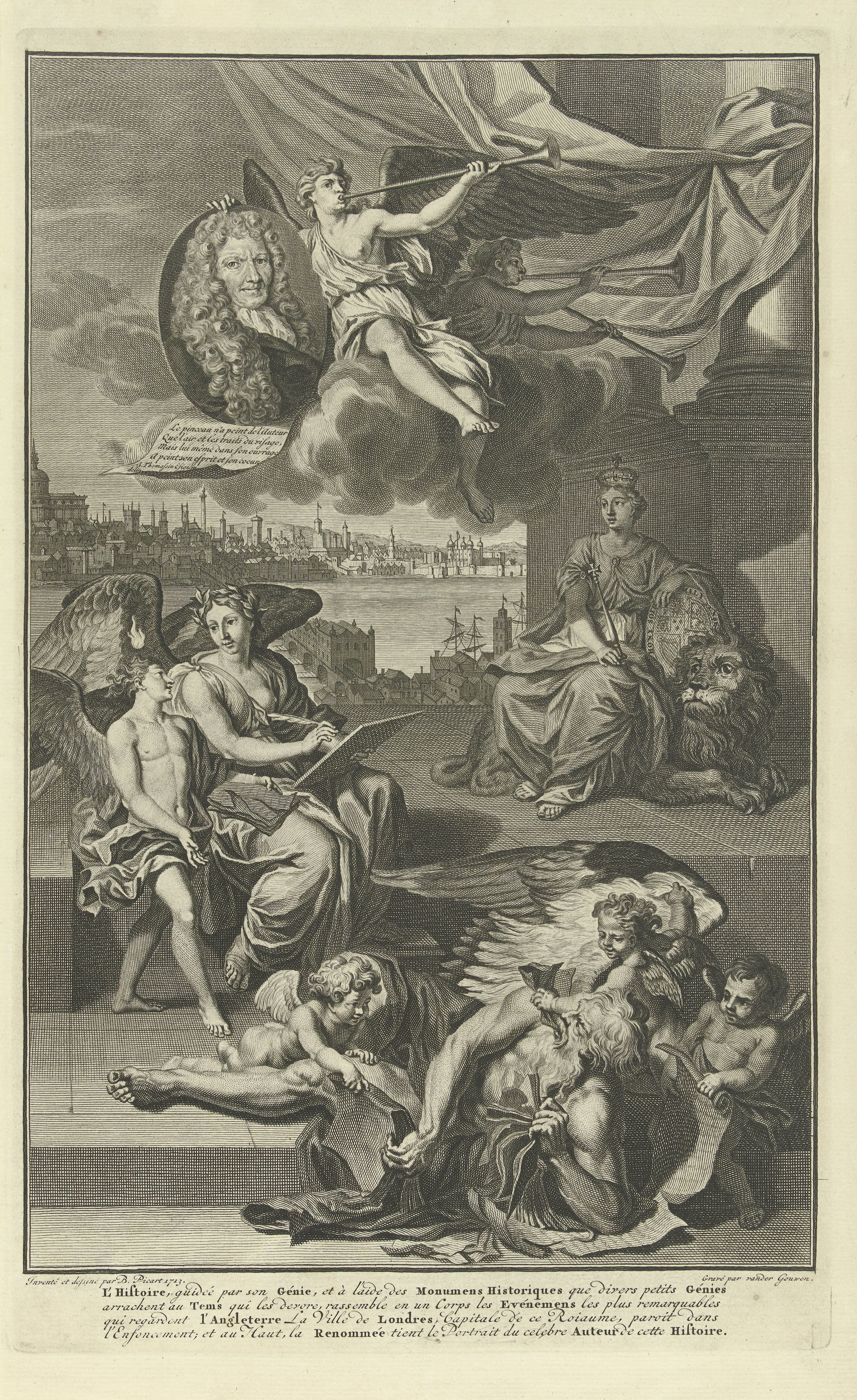 Allegorie op de geschiedenis van Groot-Brittannië met het portret van Isaac de Larrey