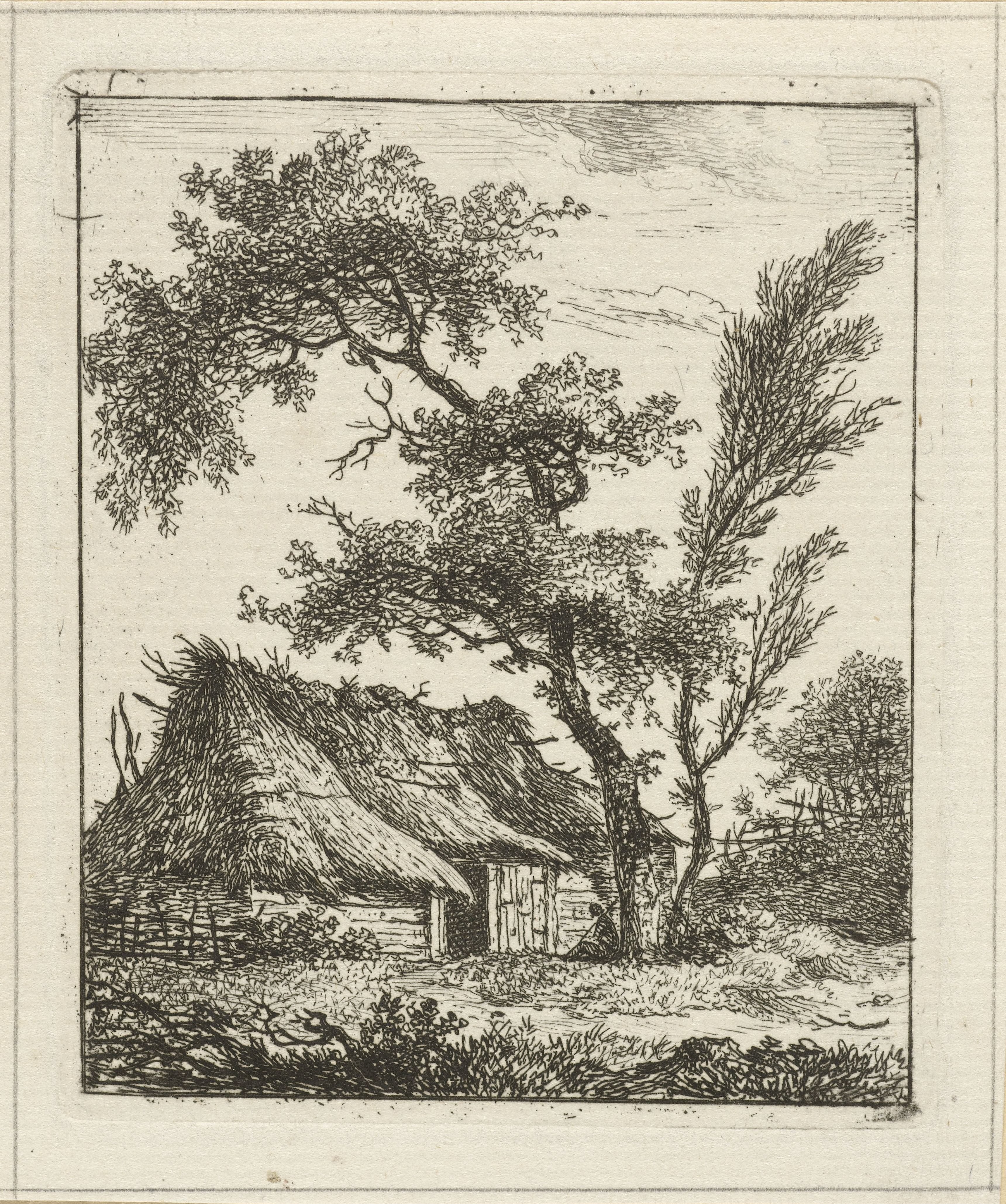 Boerderij met rieten dak en twee bomen