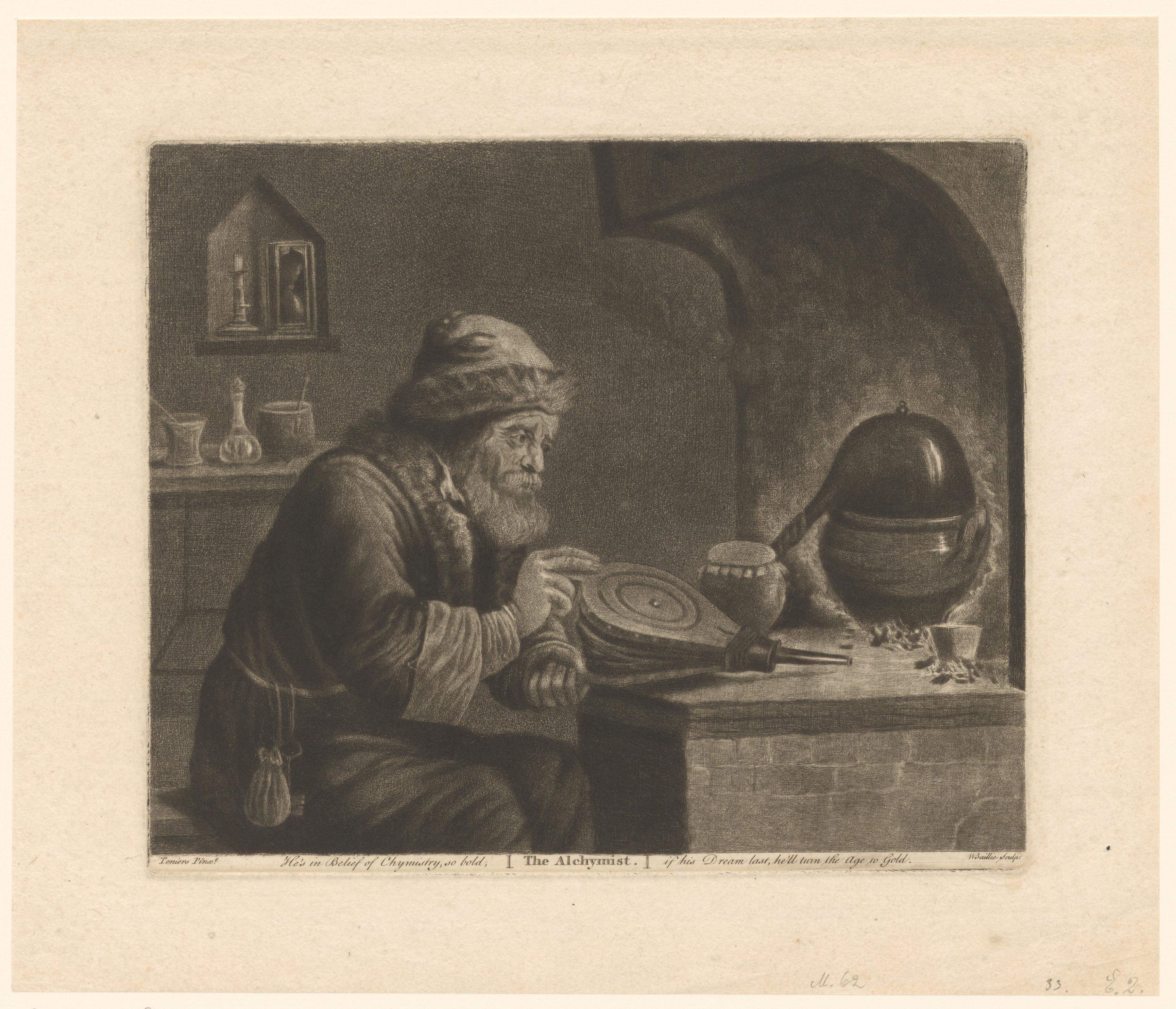 Alchemist zittend bij een haard