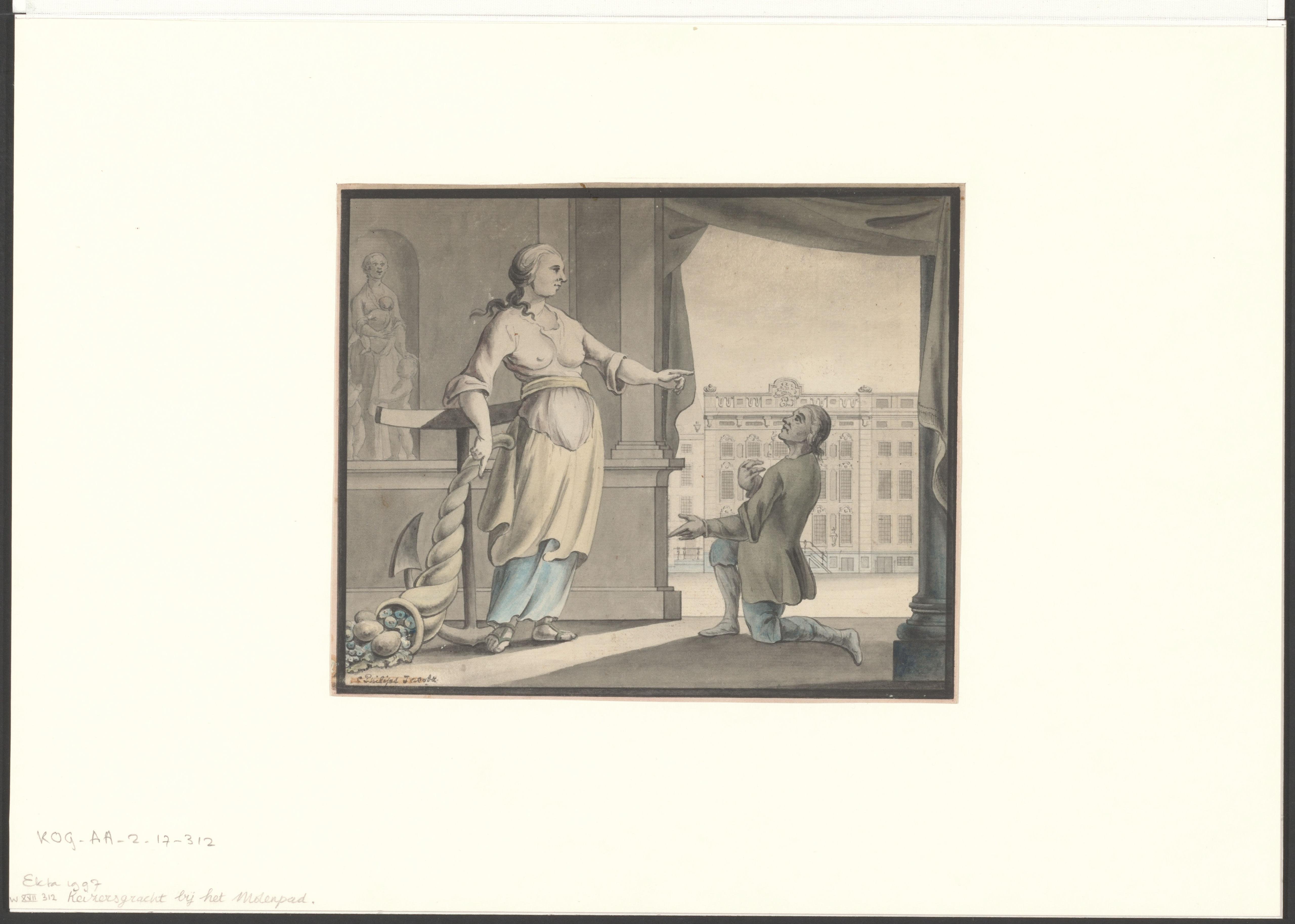 Gezicht op de Keizersgracht bij het Molenpad met een allegorische voorstelling