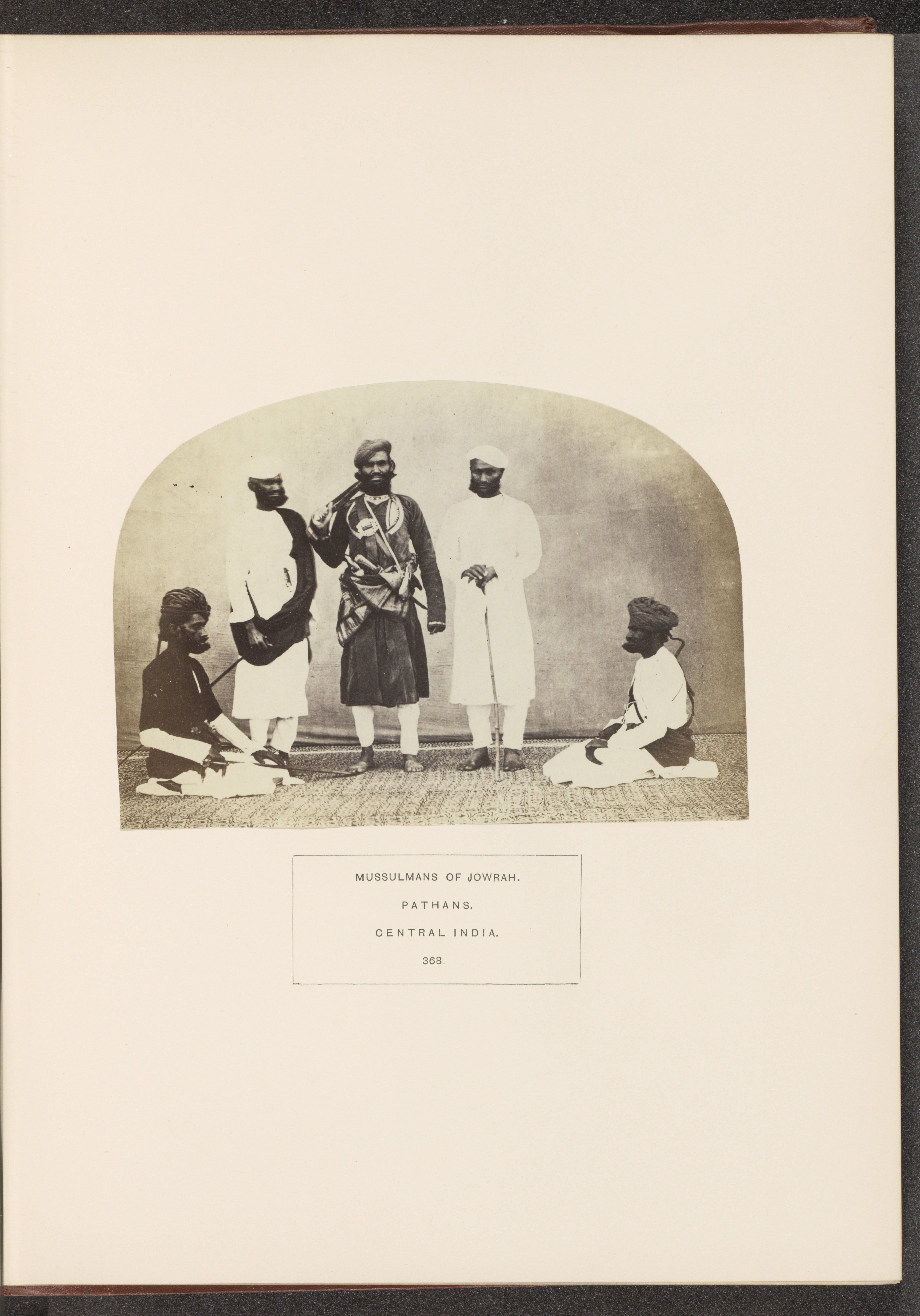 Portrait of an unknown military commandant from the Pathan community with four servants and soldiers from Jaora, Madhya Pradesh, India