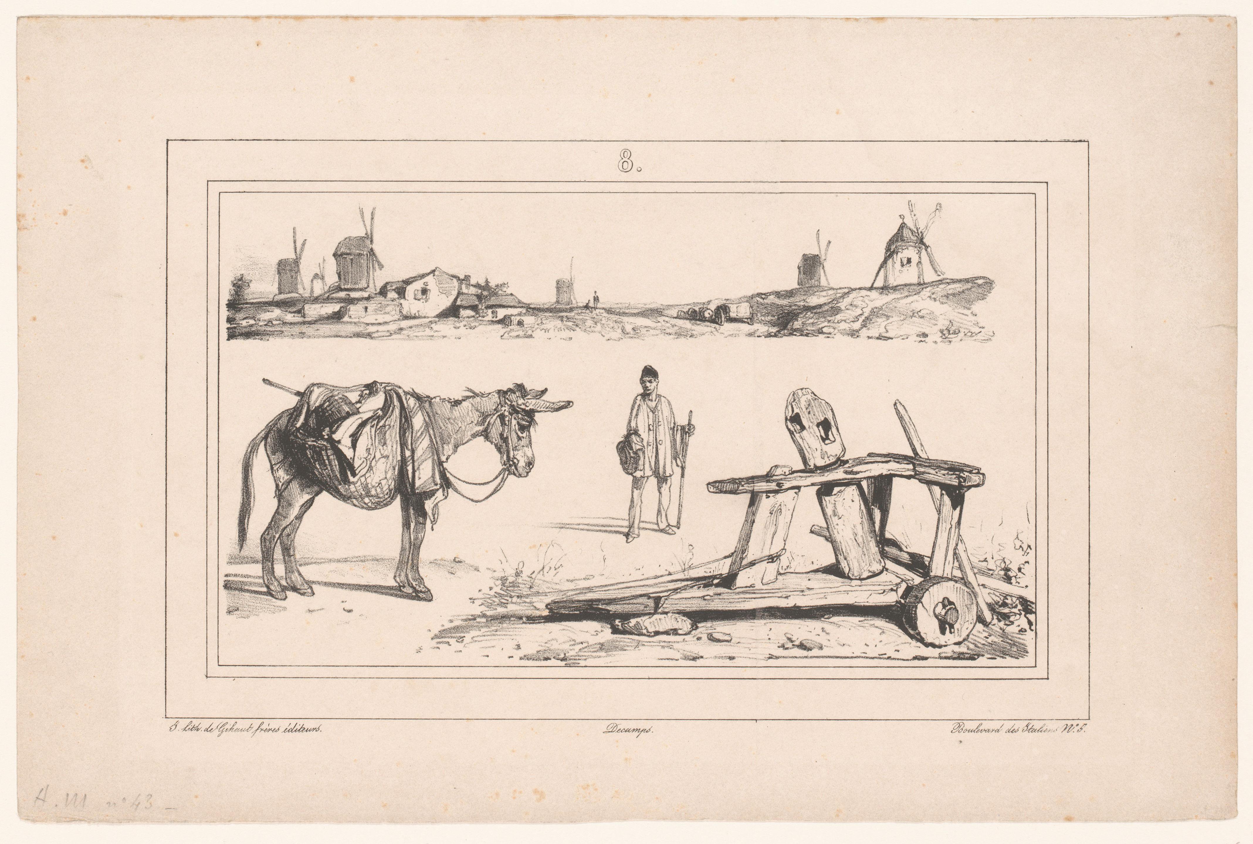 Landschap met molens, ezel, boer en landbouwwerktuig
