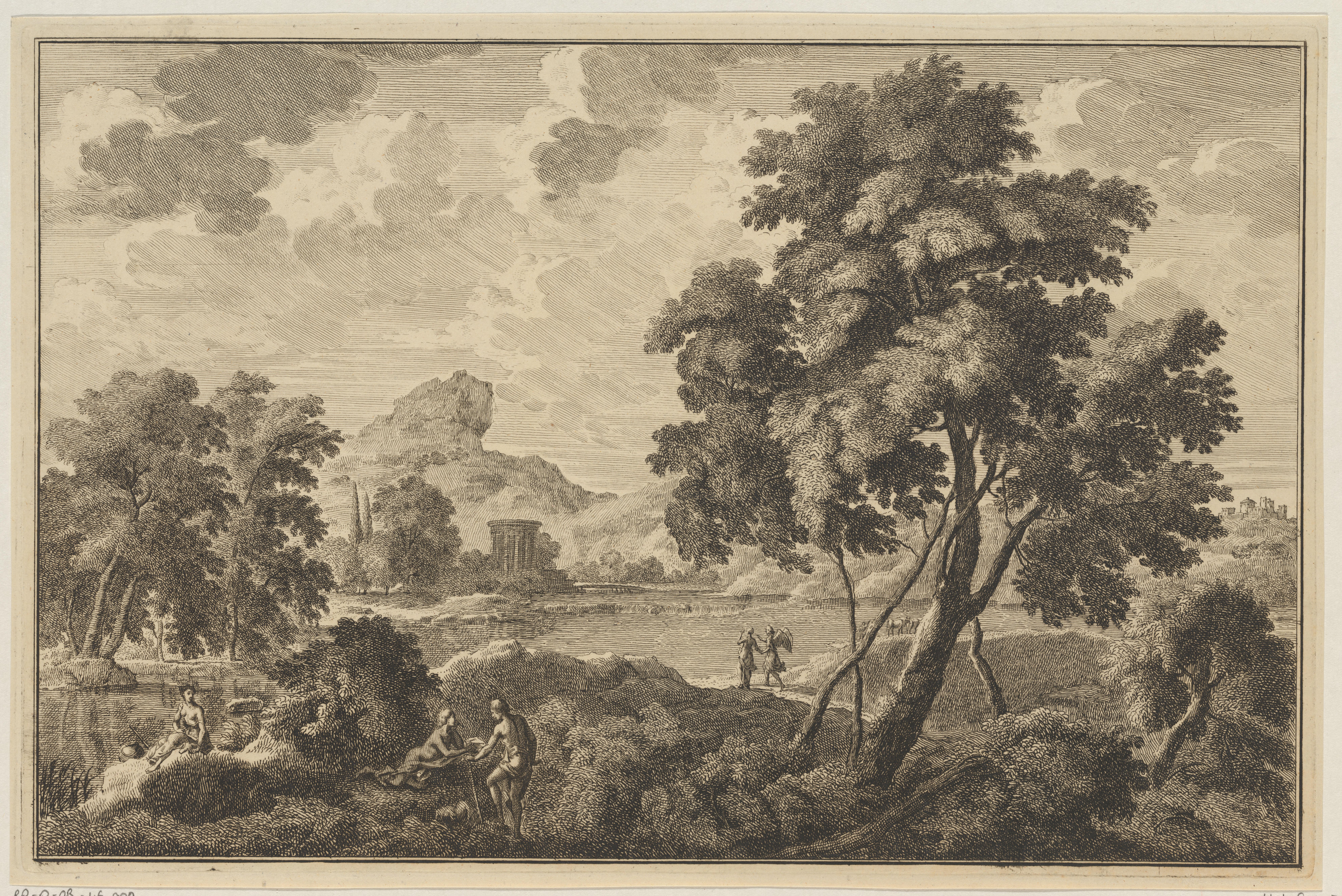 Arcadisch rivierlandschap met engel en tempel
