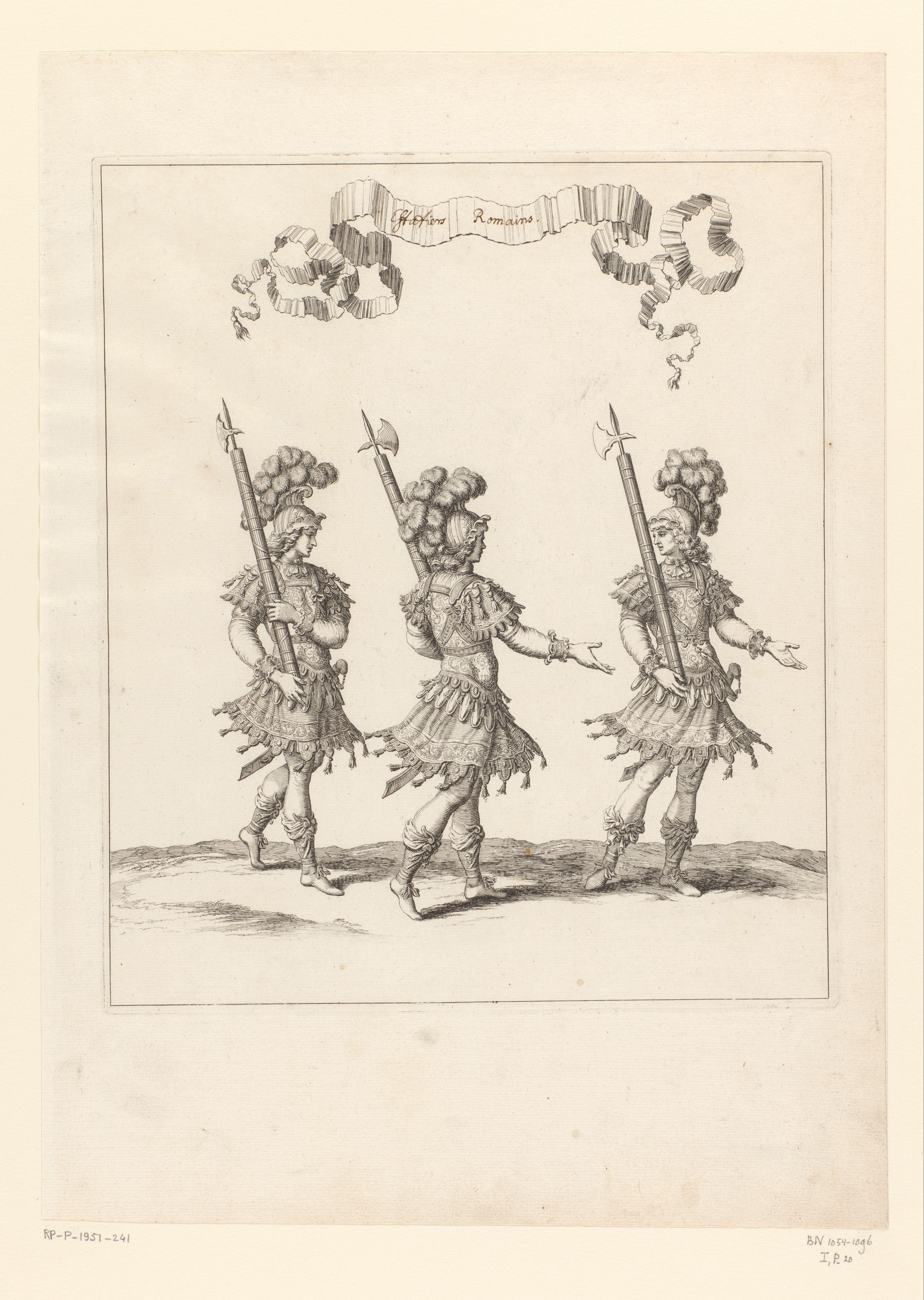 Drie voetknechten met fasces in Romeins kostuum