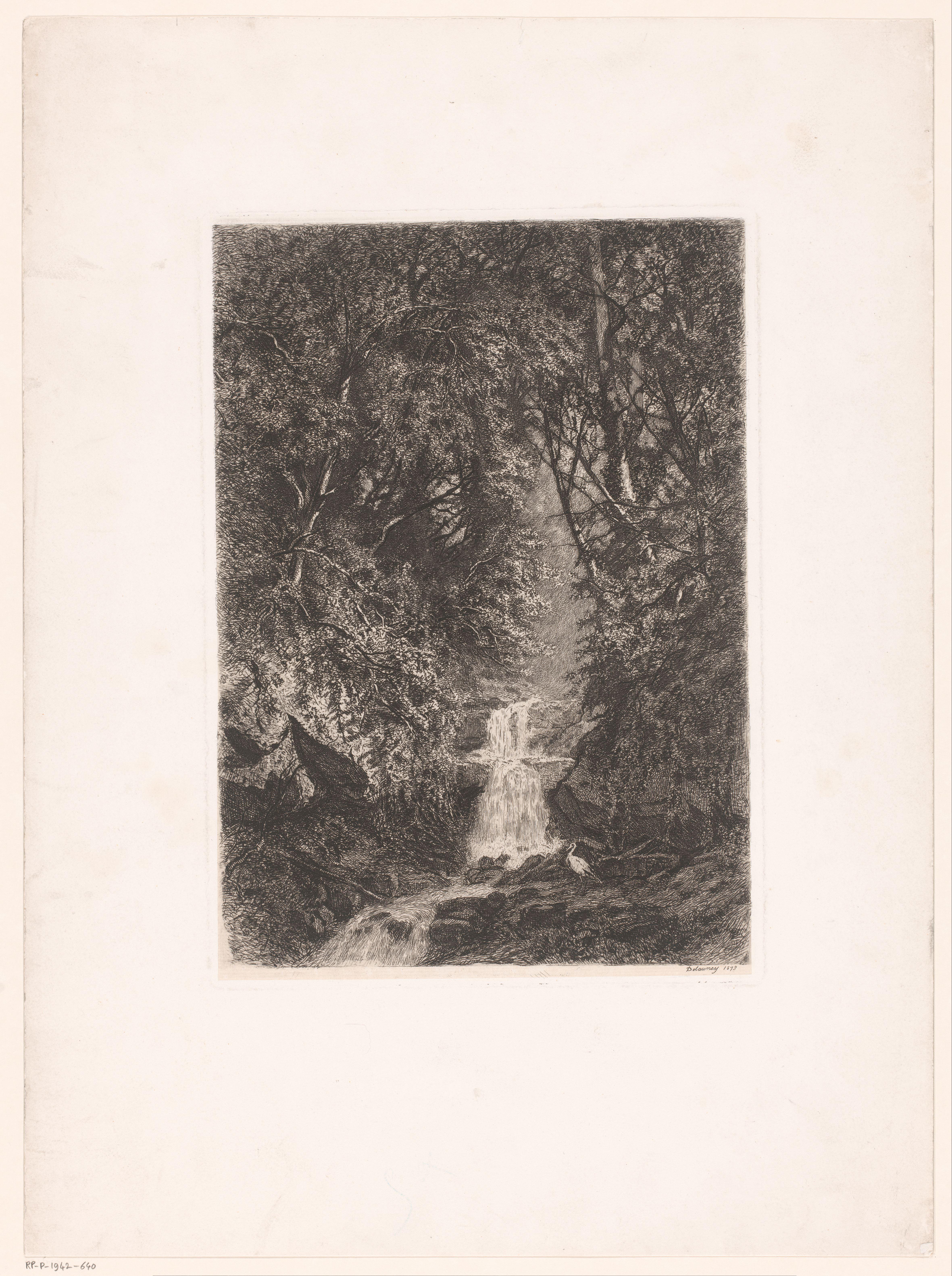 Gezicht op een boslandschap met een waterval