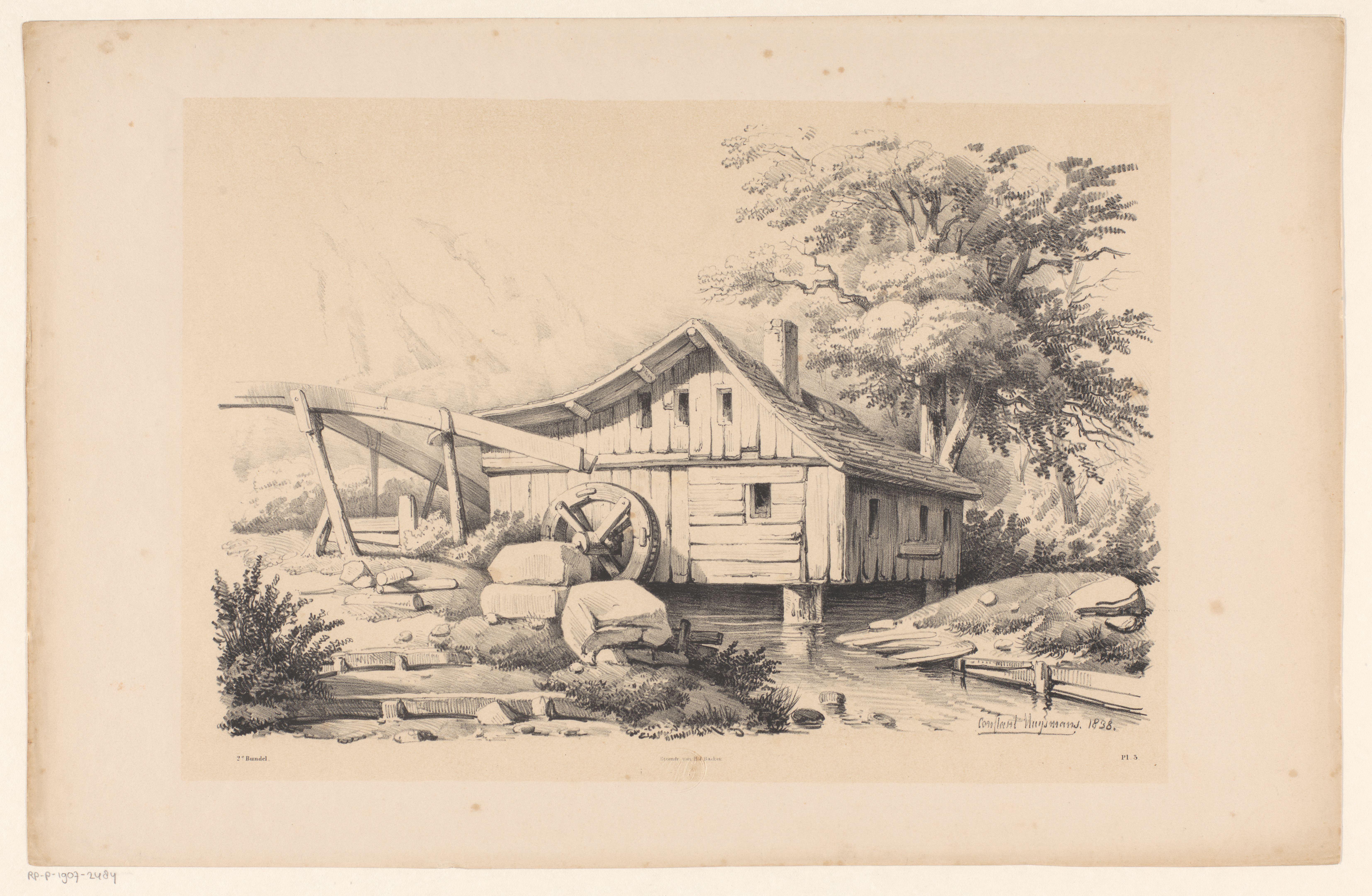 Watermolen in berglandschap