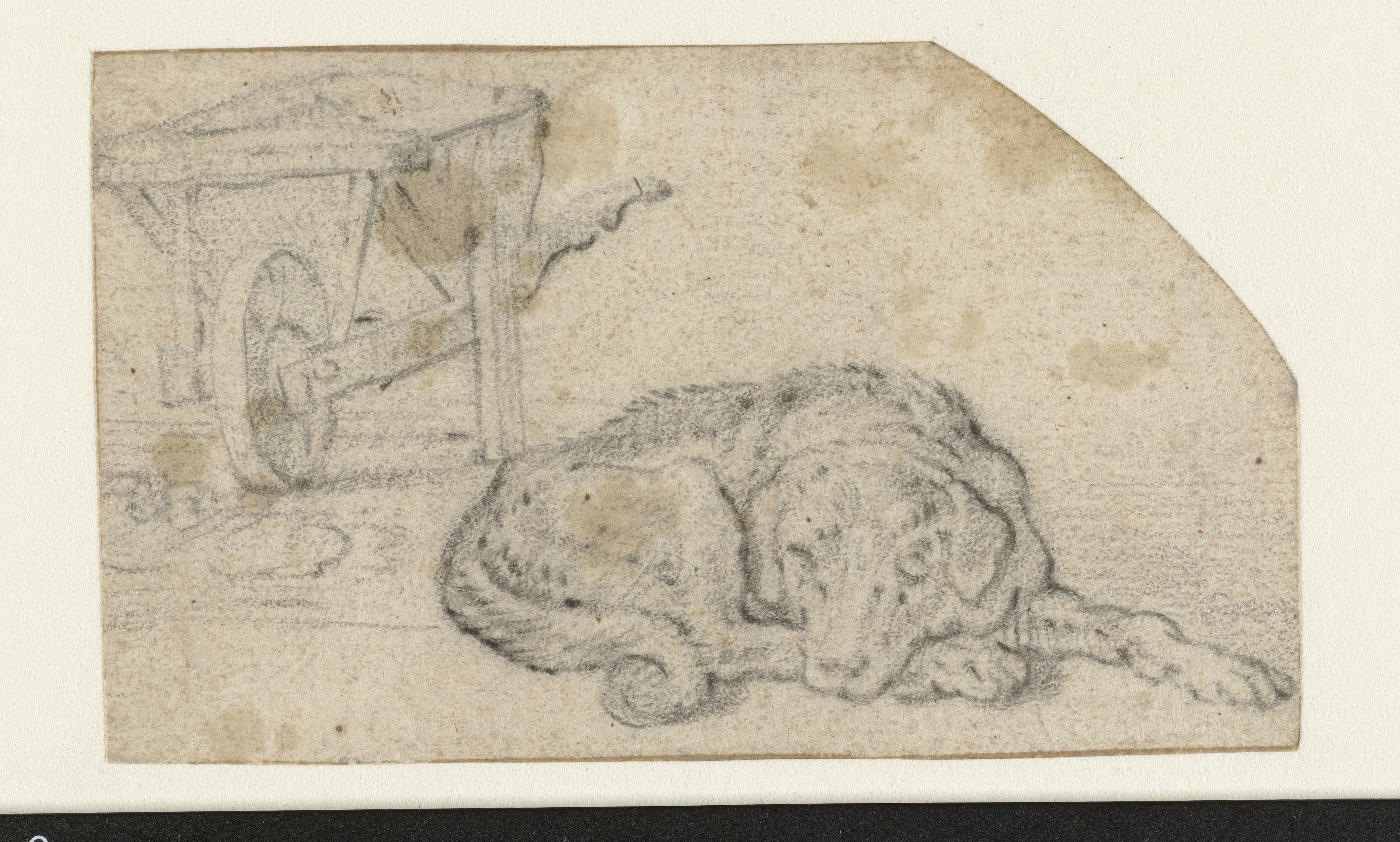 Reclining Dog near a Wheelbarrow