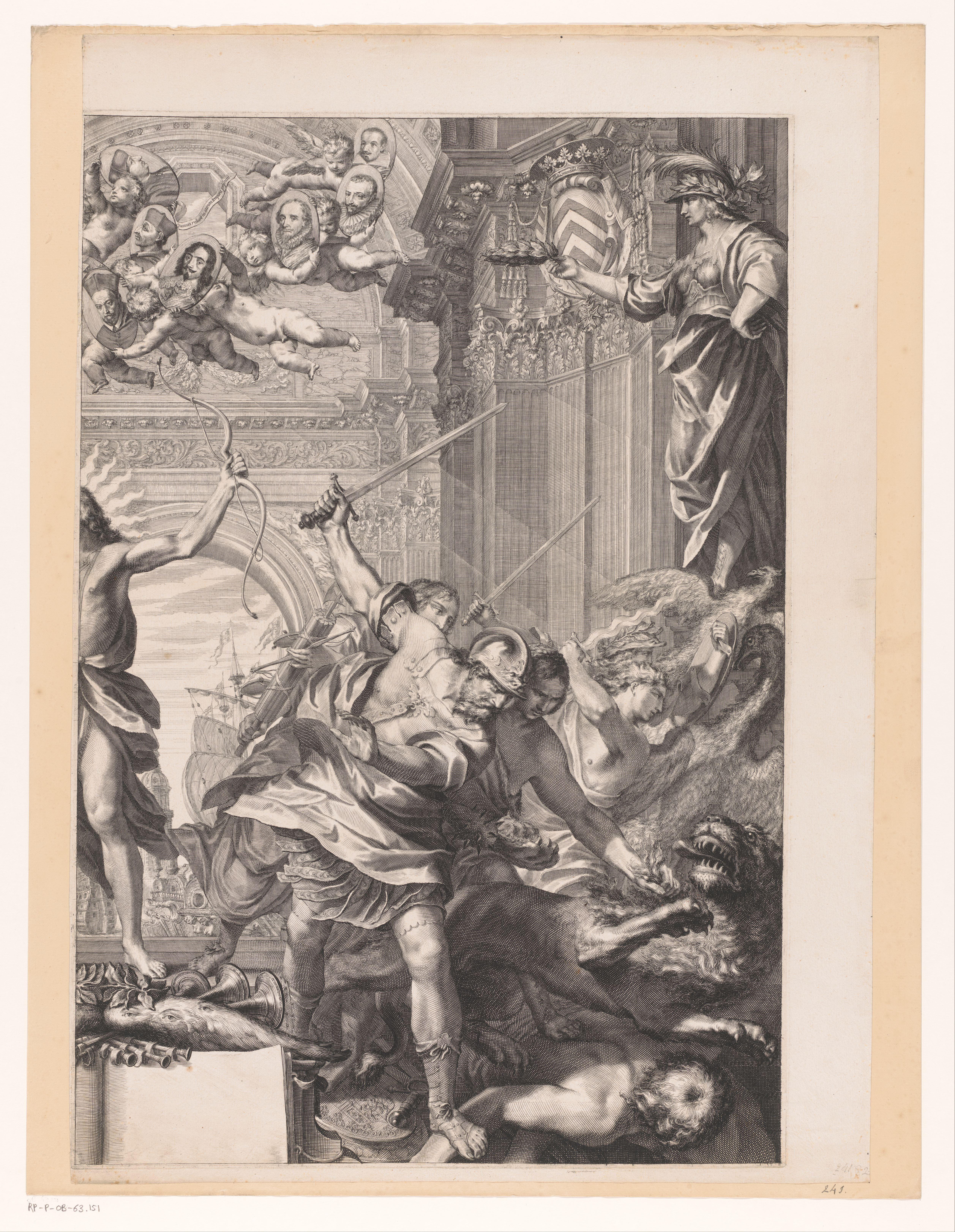 Allegorische voorstelling met Armand-Jean du Plessis hertog van Richelieu, in het gezelschap van Apollo en Neptunus (rechter bovendeel)