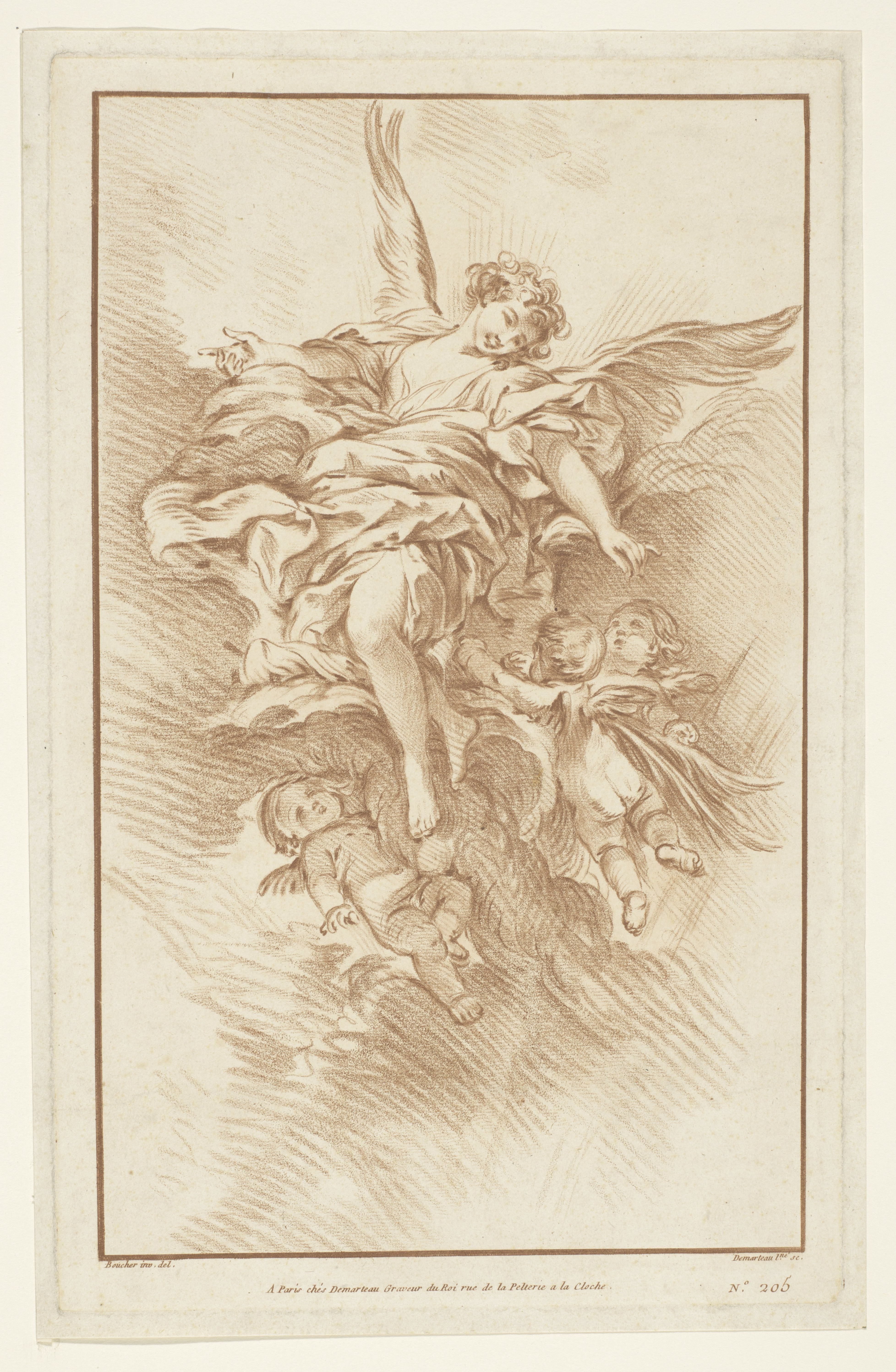 Engel met drie putti in wolken