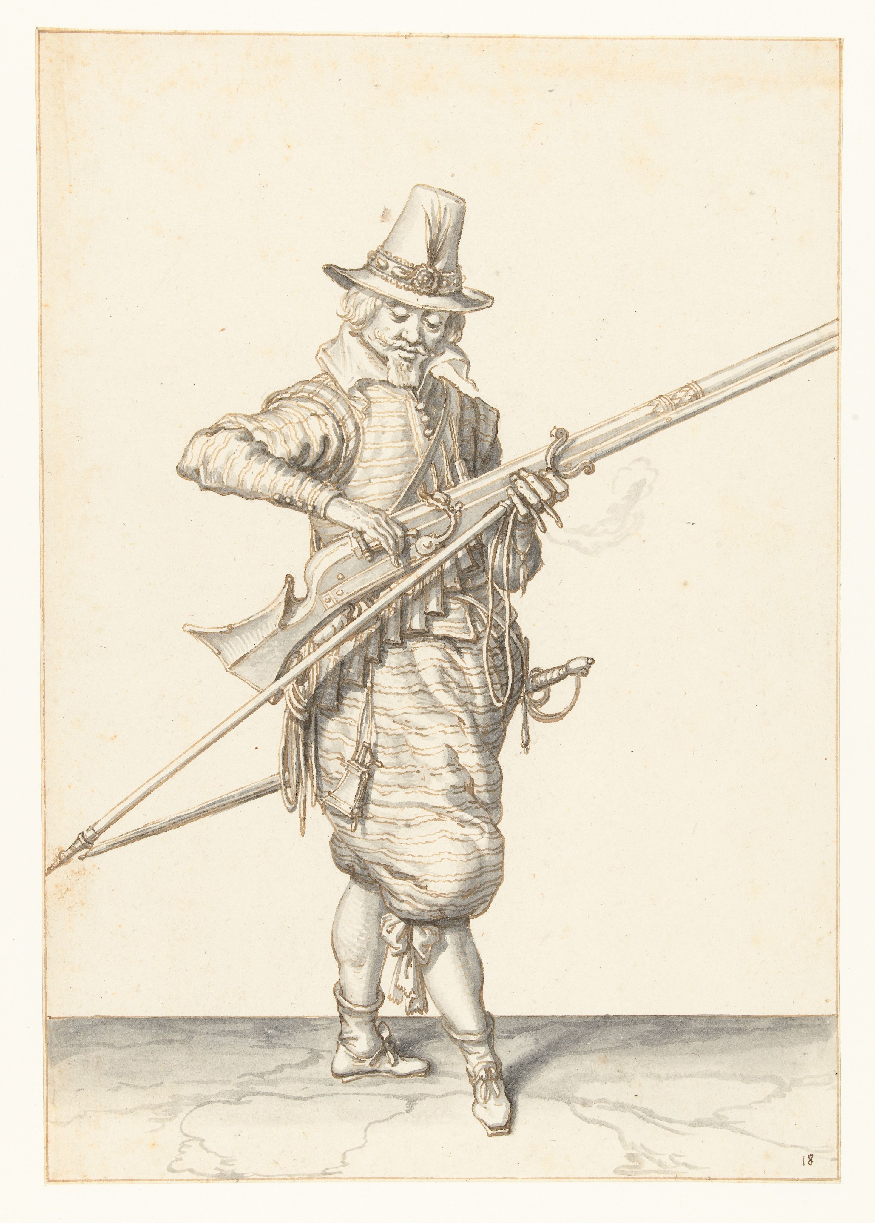 Soldaat die de pan van zijn musket sluit