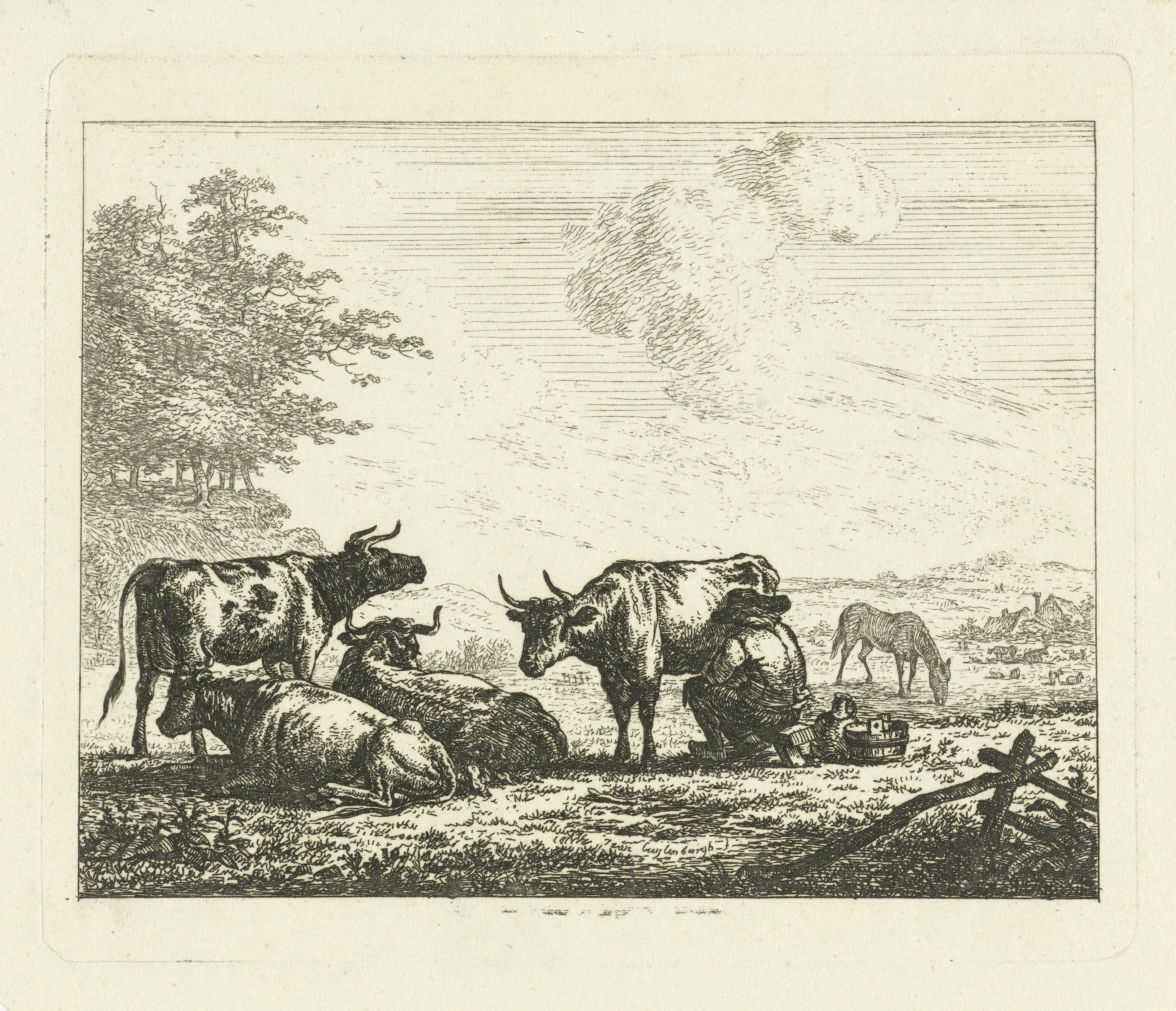 Landschap met boer die koeien melkt