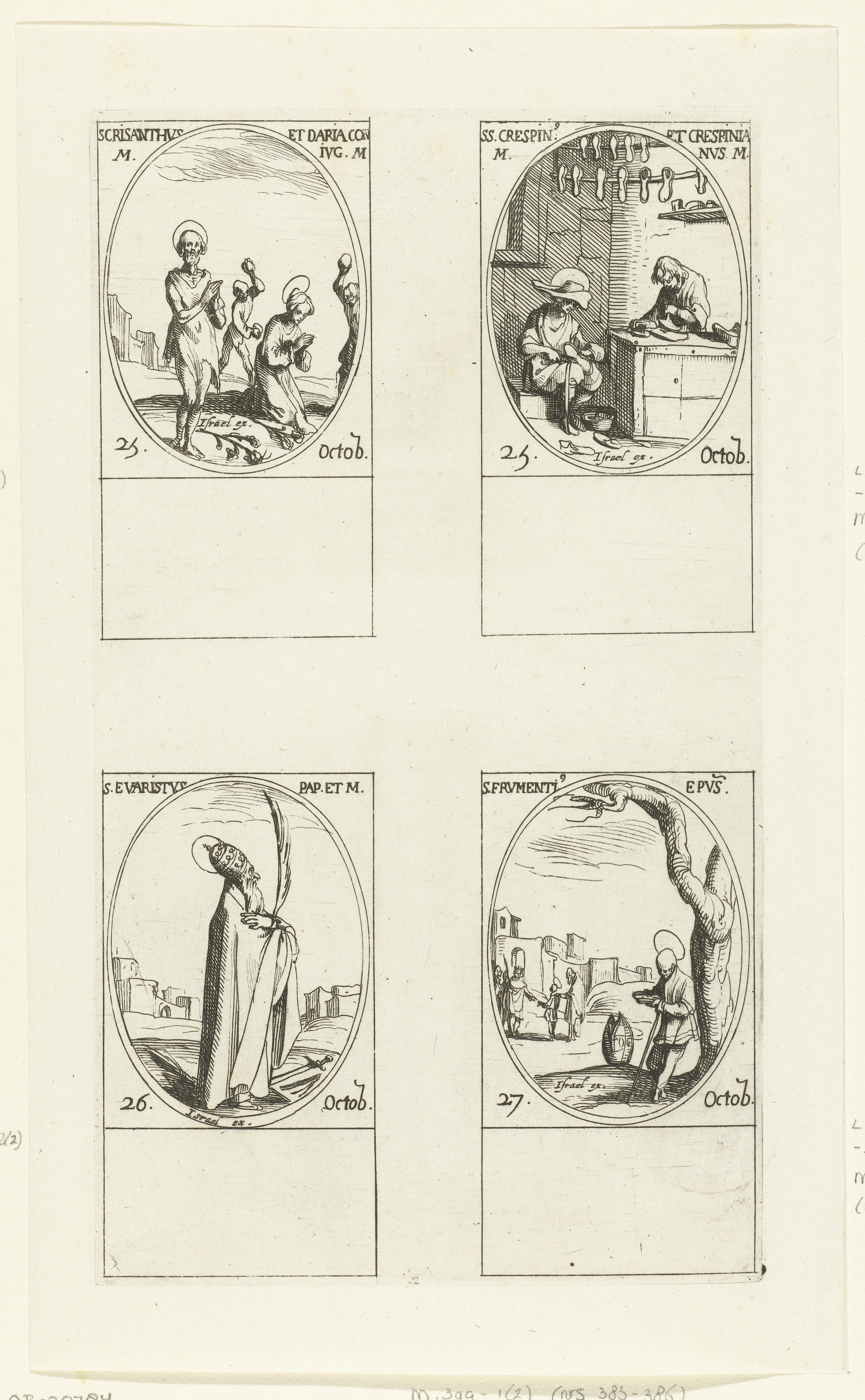Heilige Chrysanthus en Heilige Daria van Rome, Heilige Crispinus en Heilige Crispinianus van Soissons, Heilige Evaristus, Heilige Frumentius van Ethiopië (25-27 oktober)