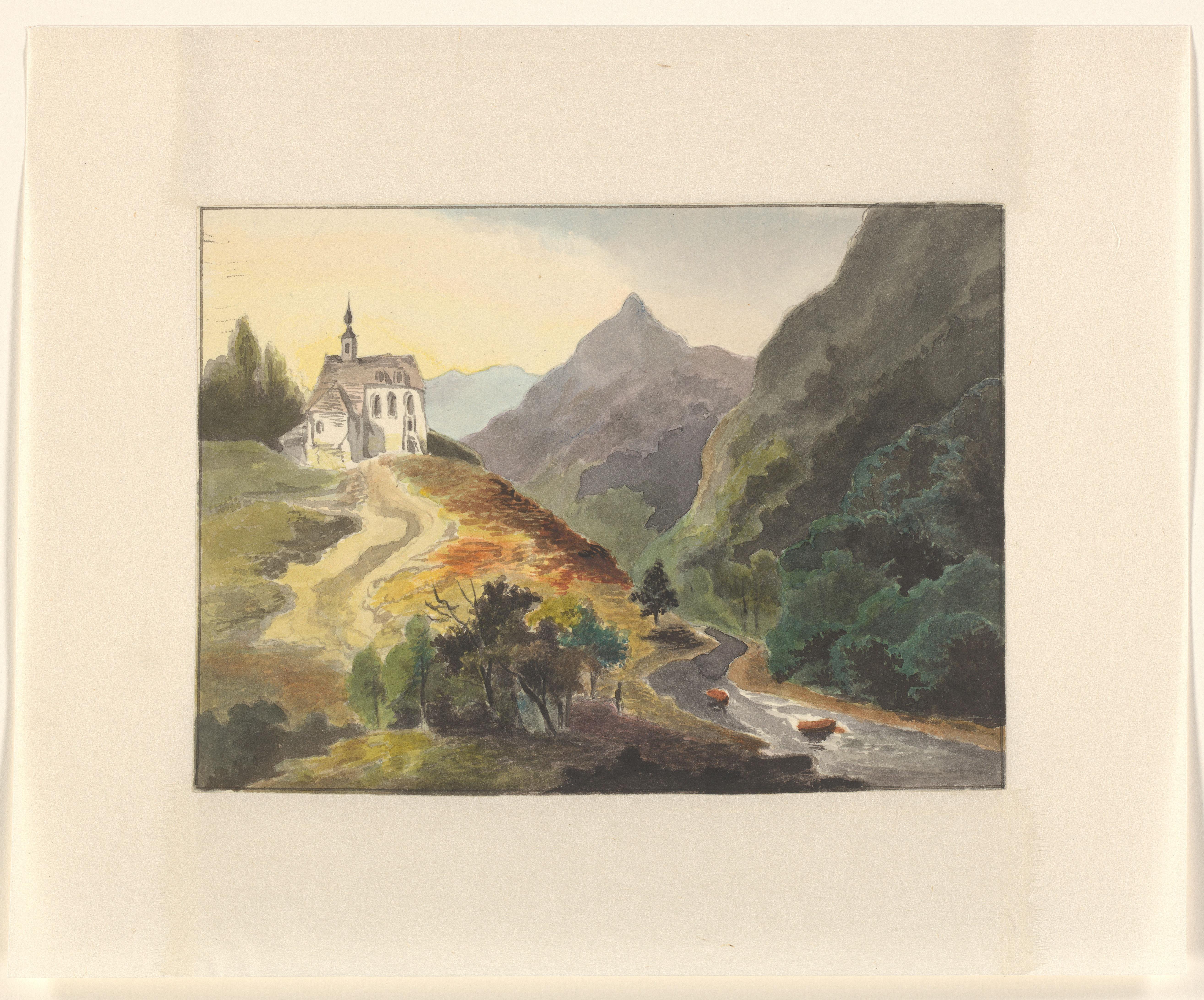Berglandschap met een kerk bij een rivier
