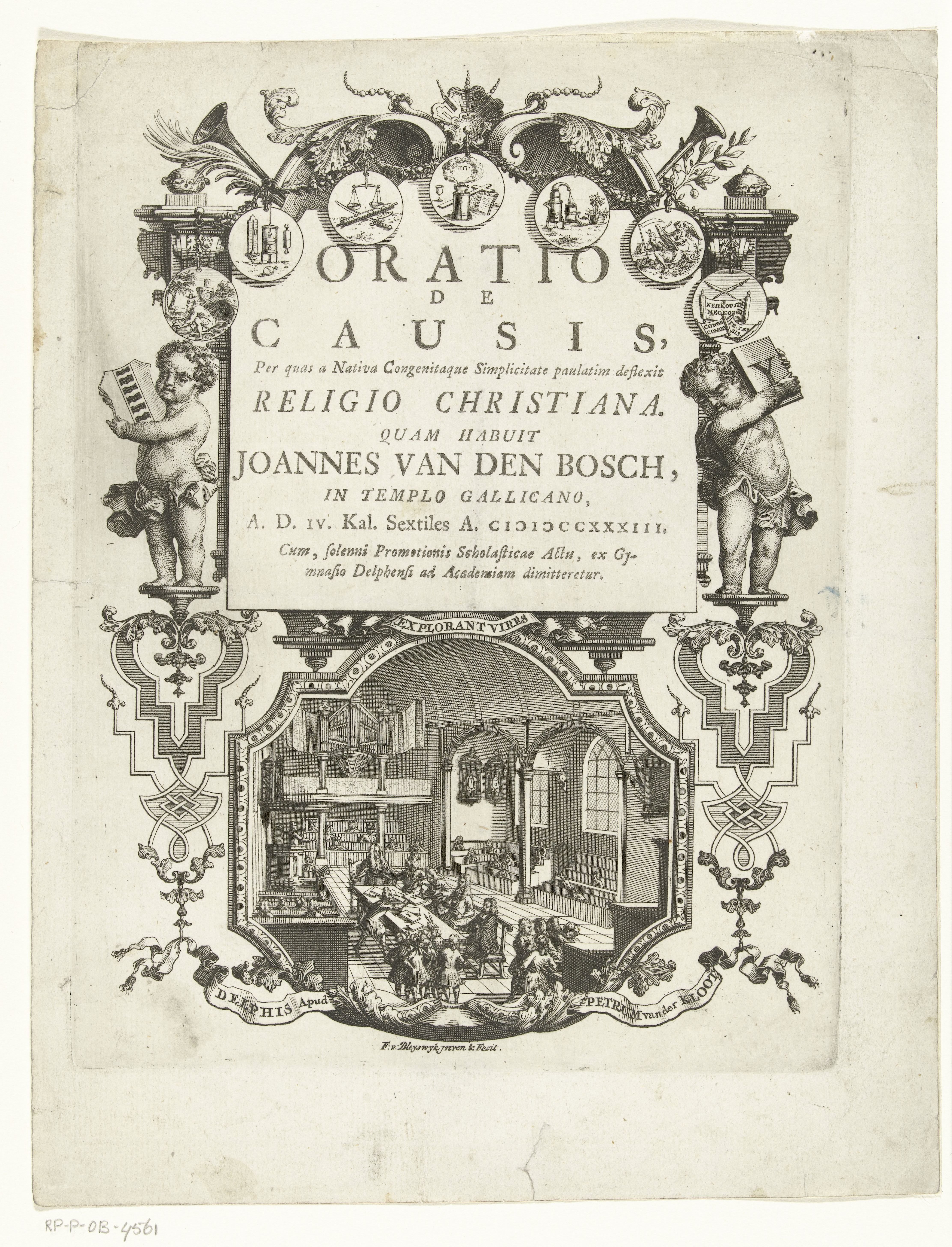 Aankondiging van oratie bij aanvaarding van het hoogleraarschap aan de universiteit te Delft door Johannes van den Bosch te 1733 en kerkinterieur in lijst versierd met ornamenten
