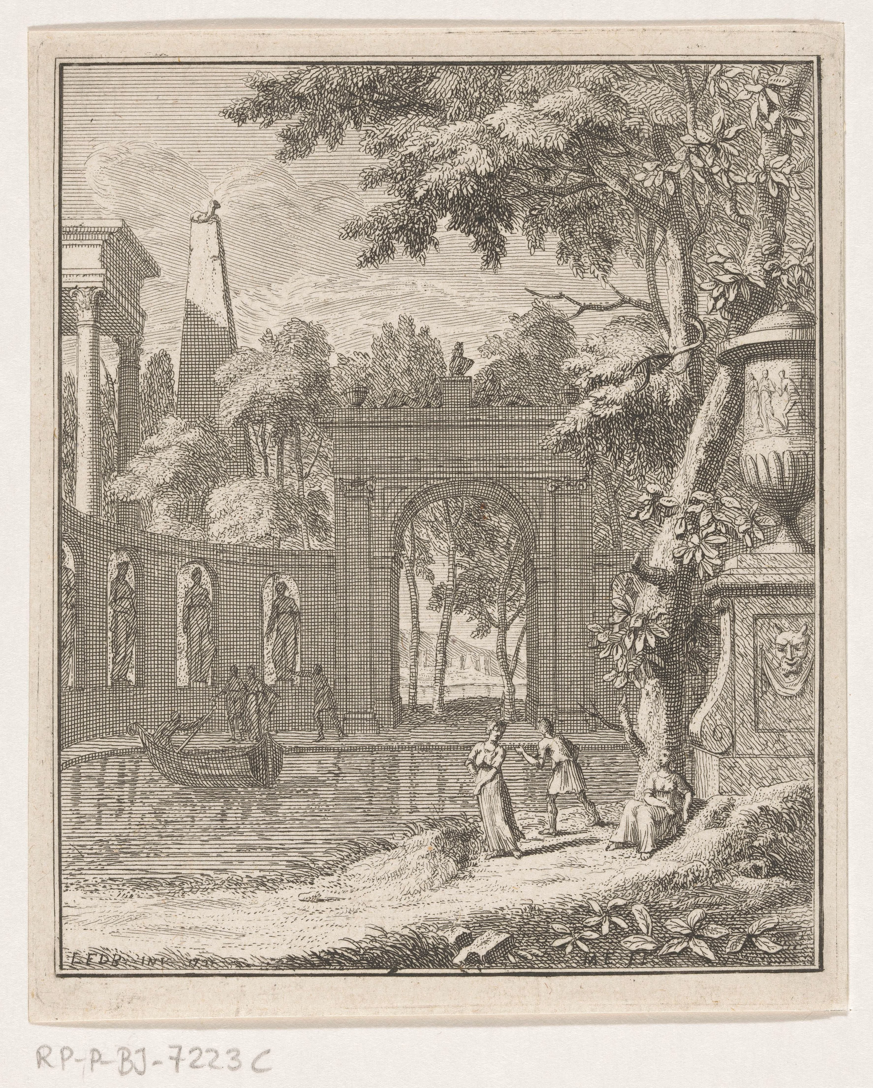 Arcadisch landschap met herders bij een beeldencolonnade