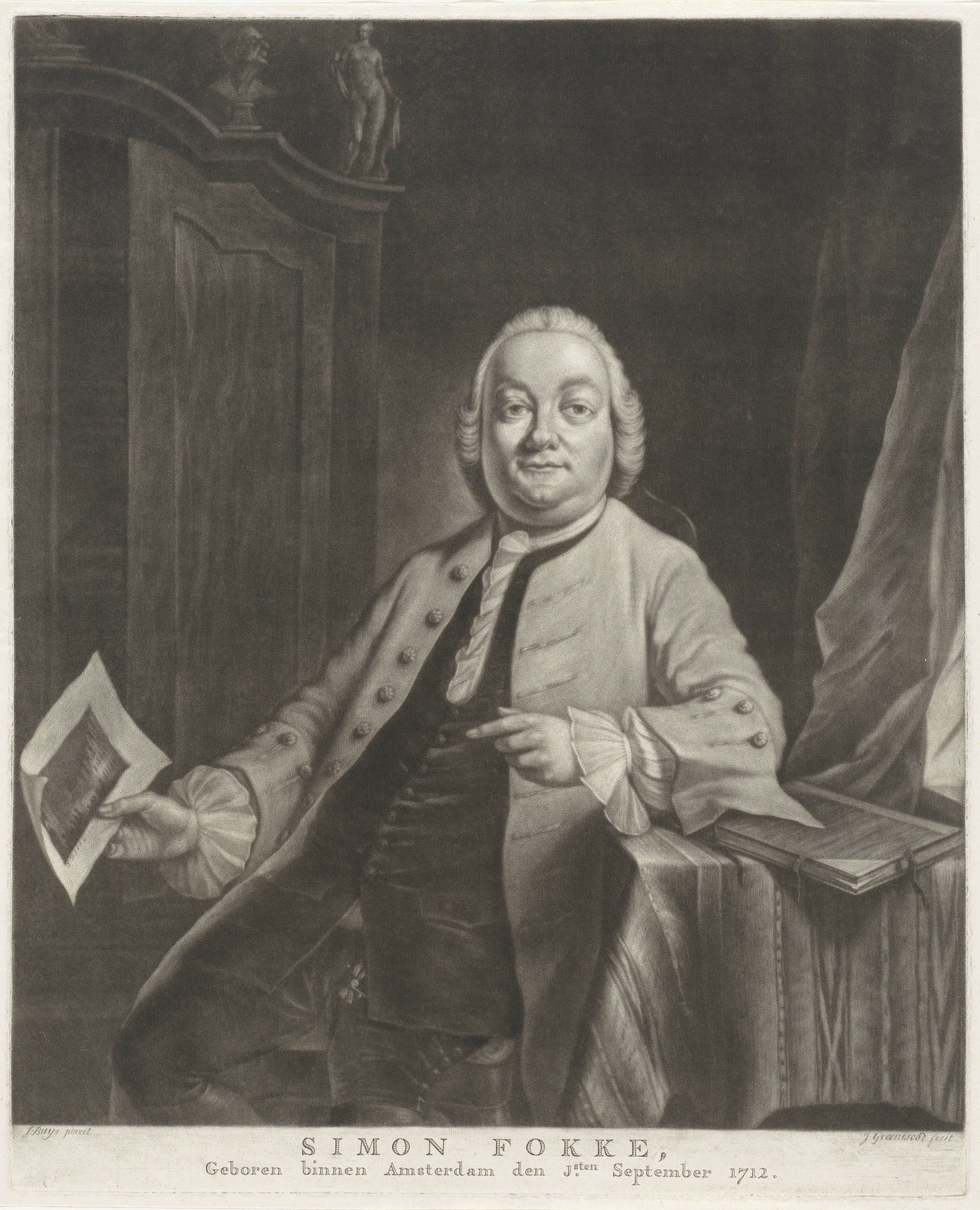 Portret van Simon Fokke met in zijn hand de prent van de plundering van het huis van Gerrit Hagedooren, 1751