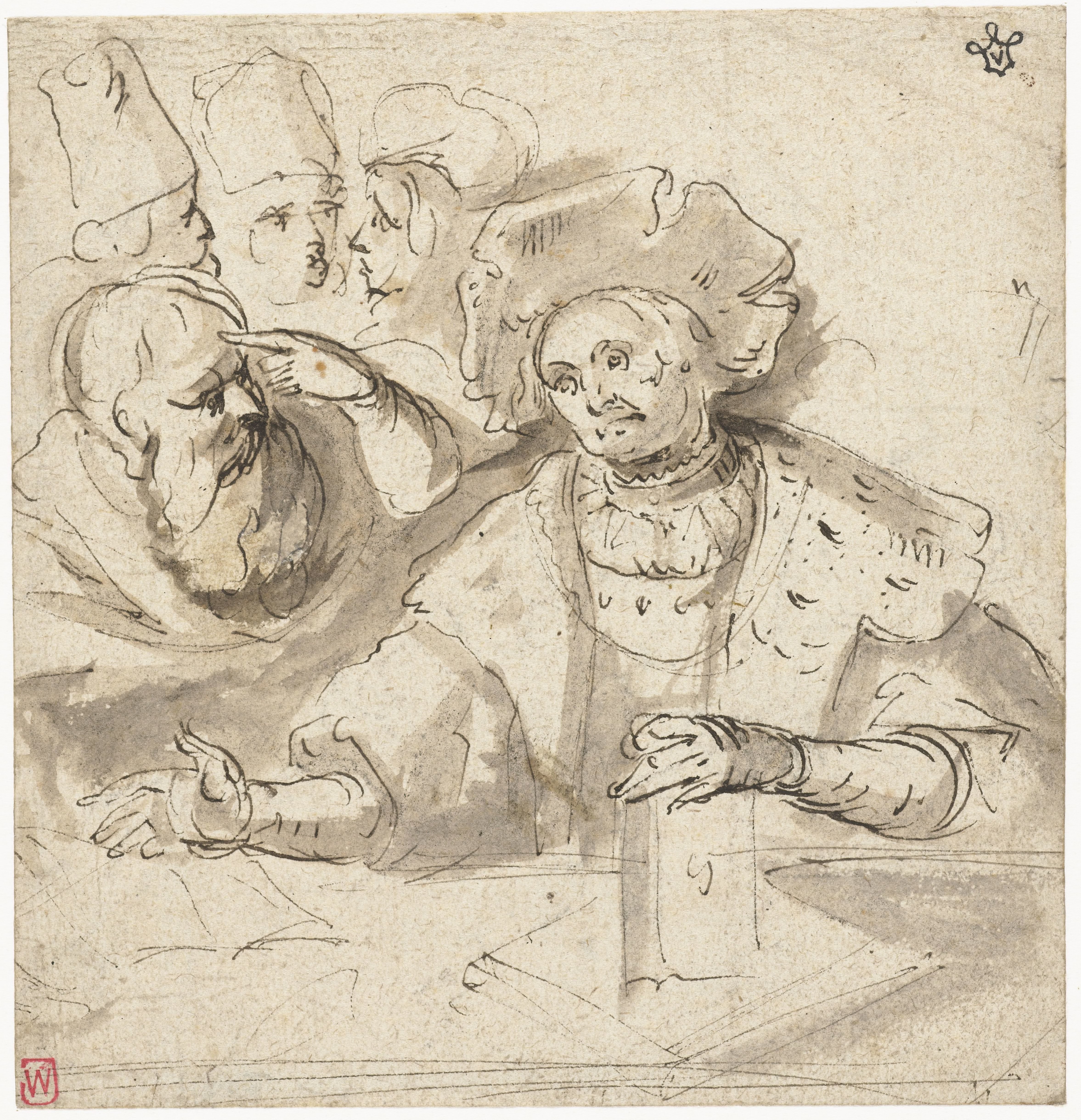 Groepje filosofen of schriftgeleerden bij een tafel met boeken